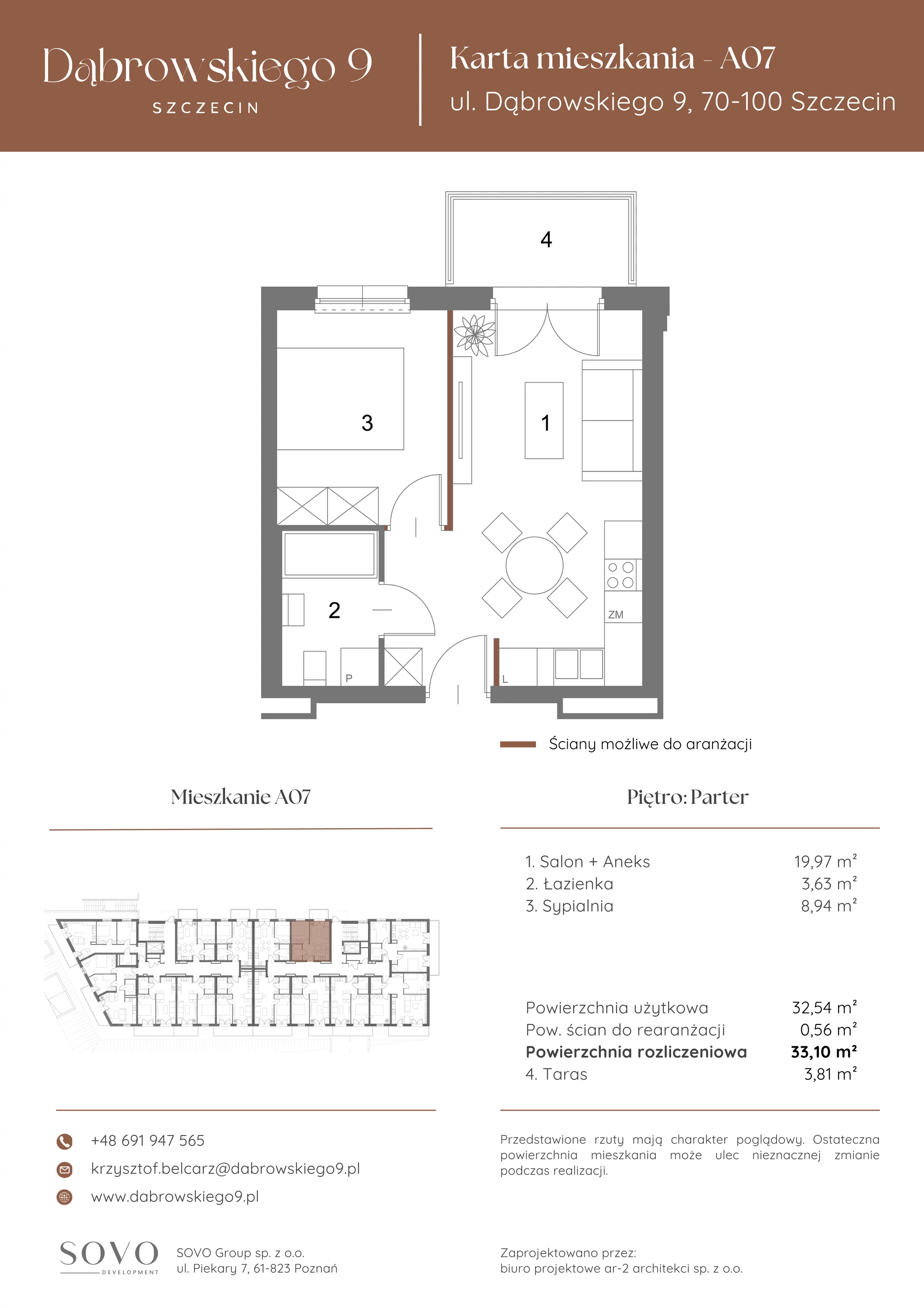 2 pokoje, mieszkanie 32,54 m², parter, oferta nr A07, Dąbrowskiego 9, Szczecin, Zachód, ul. Dąbrowskiego / Piekary