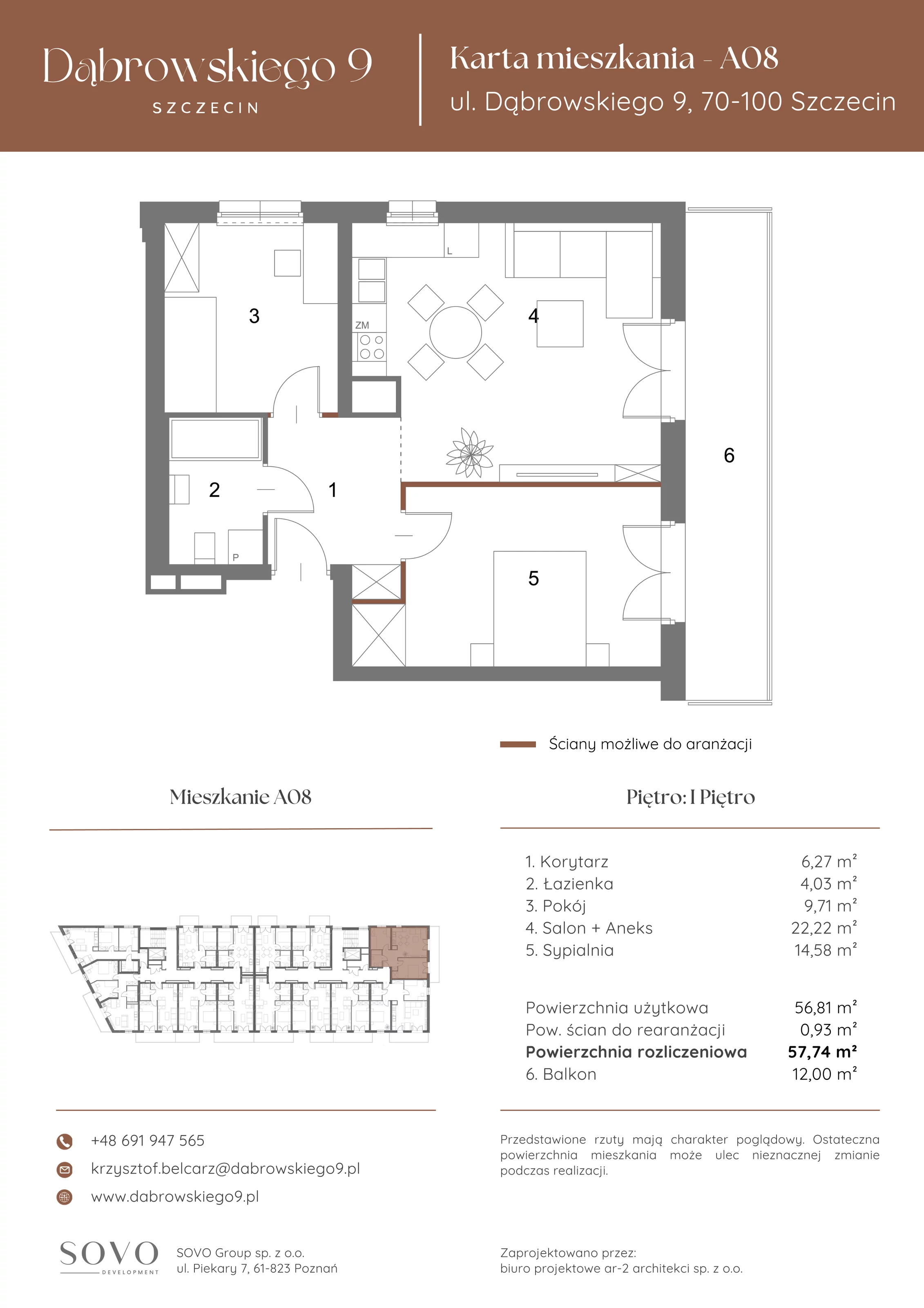 3 pokoje, mieszkanie 56,81 m², piętro 1, oferta nr A08, Dąbrowskiego 9, Szczecin, Zachód, ul. Dąbrowskiego / Piekary