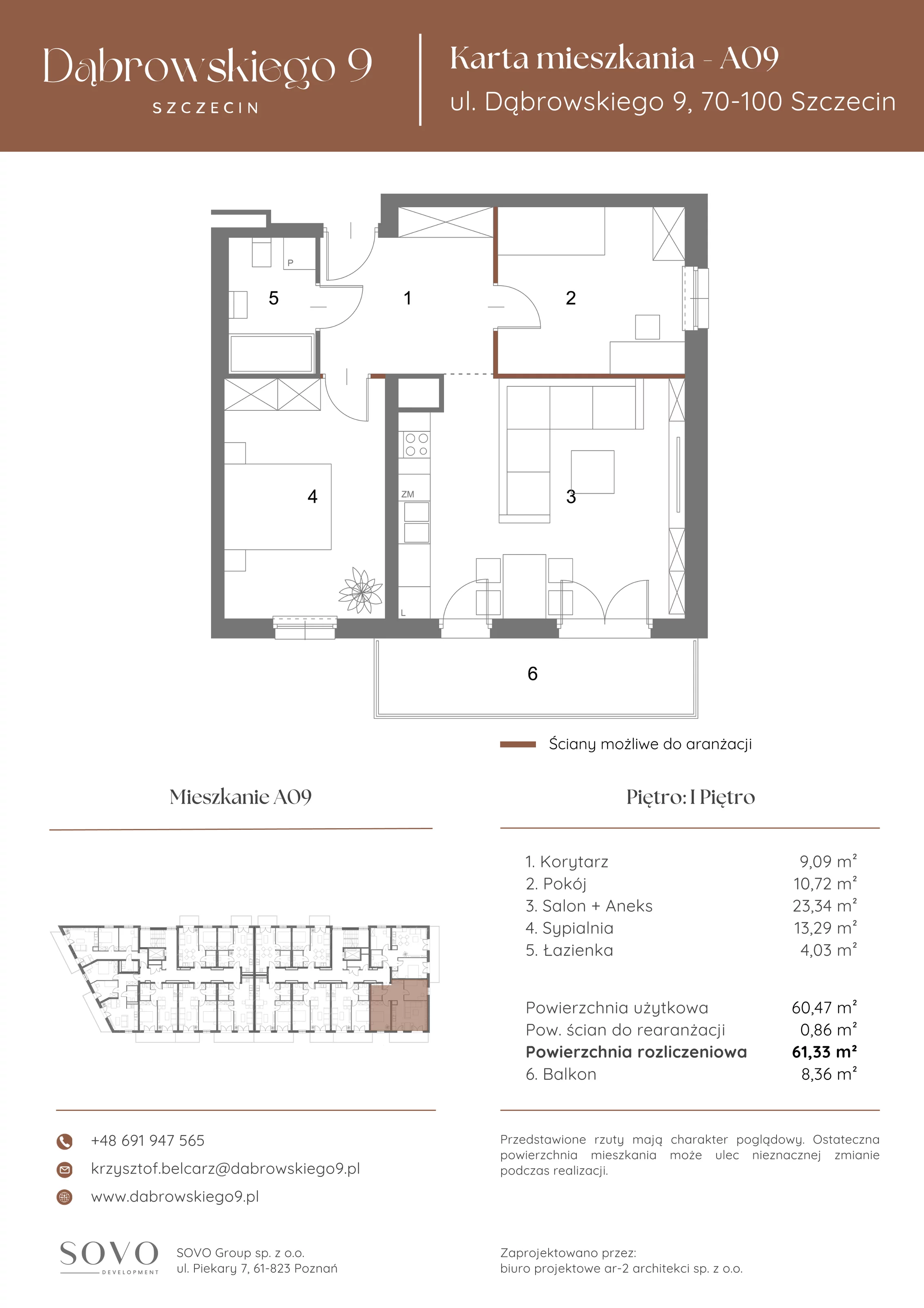 3 pokoje, mieszkanie 60,47 m², piętro 1, oferta nr A09, Dąbrowskiego 9, Szczecin, Zachód, ul. Dąbrowskiego / Piekary