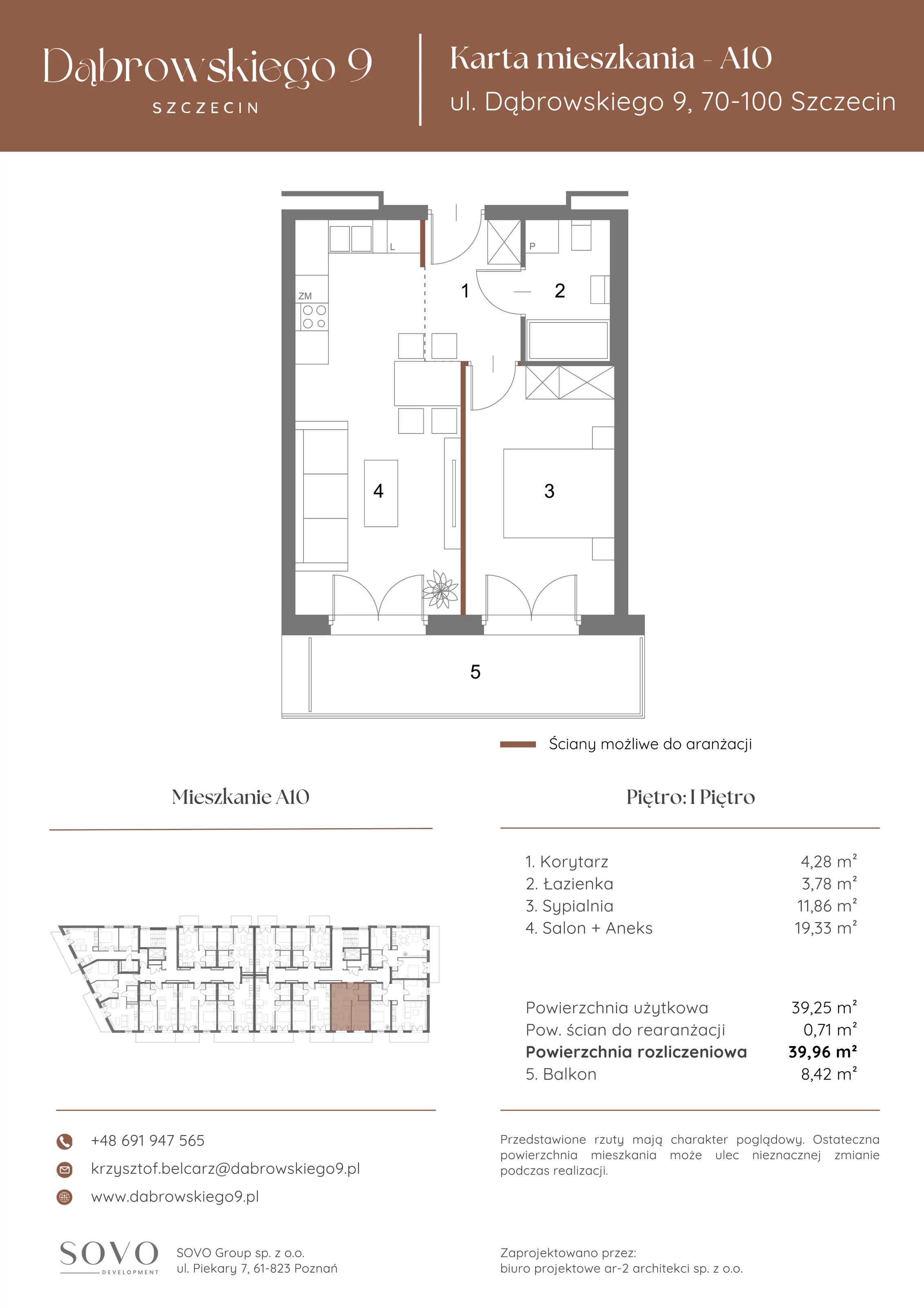 2 pokoje, mieszkanie 39,25 m², piętro 1, oferta nr A10, Dąbrowskiego 9, Szczecin, Zachód, ul. Dąbrowskiego / Piekary