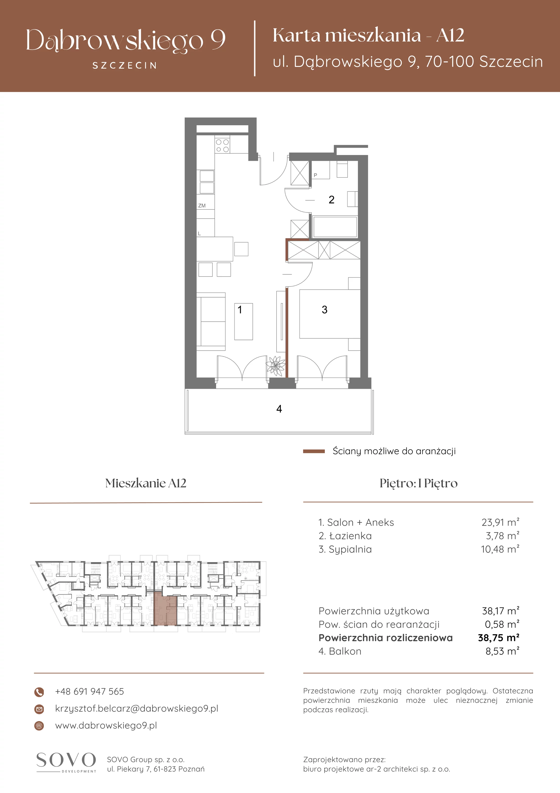 2 pokoje, mieszkanie 38,17 m², piętro 1, oferta nr A12, Dąbrowskiego 9, Szczecin, Zachód, ul. Dąbrowskiego / Piekary