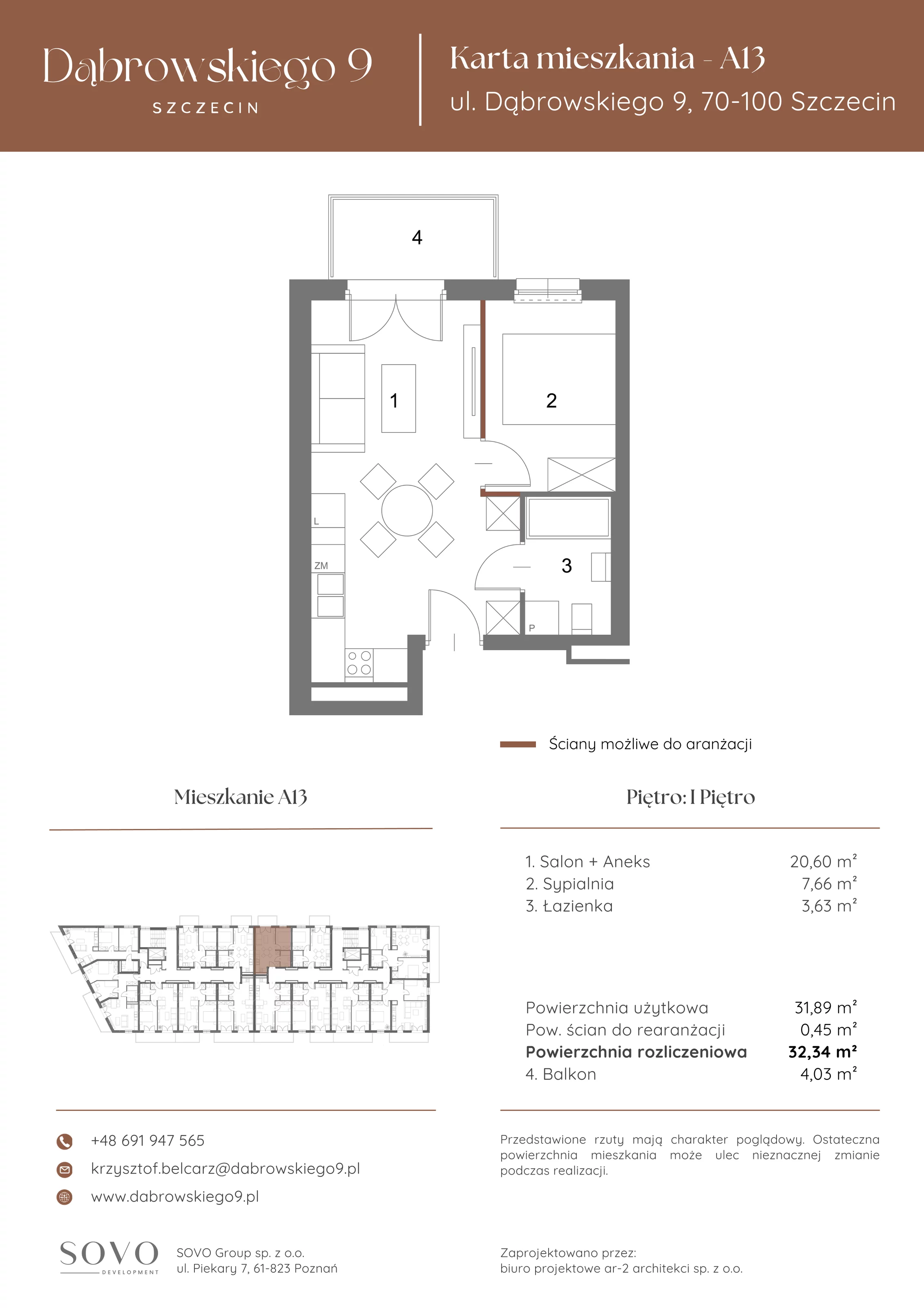 2 pokoje, mieszkanie 31,89 m², piętro 1, oferta nr A13, Dąbrowskiego 9, Szczecin, Zachód, ul. Dąbrowskiego / Piekary