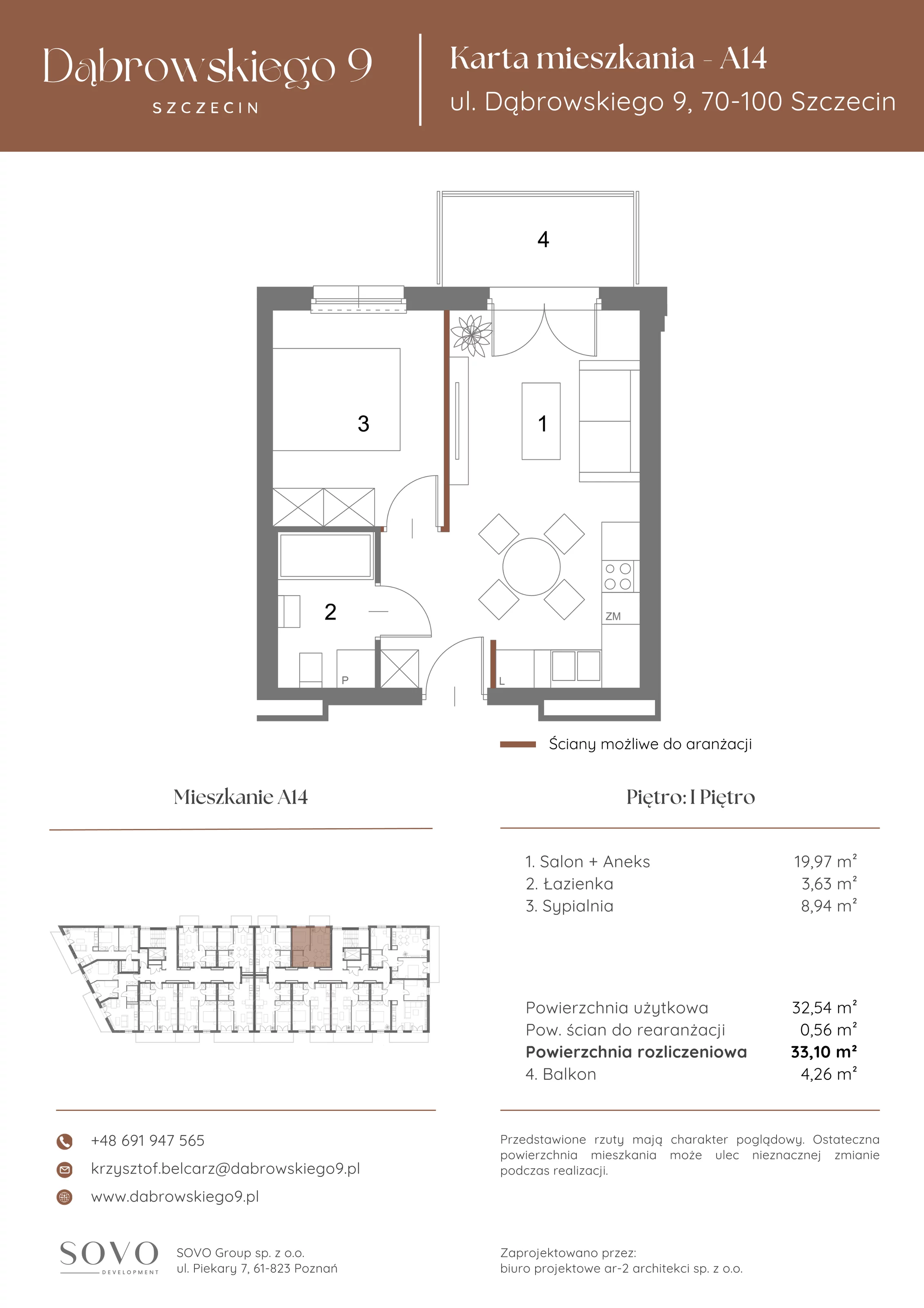 2 pokoje, mieszkanie 32,54 m², piętro 1, oferta nr A14, Dąbrowskiego 9, Szczecin, Zachód, ul. Dąbrowskiego / Piekary