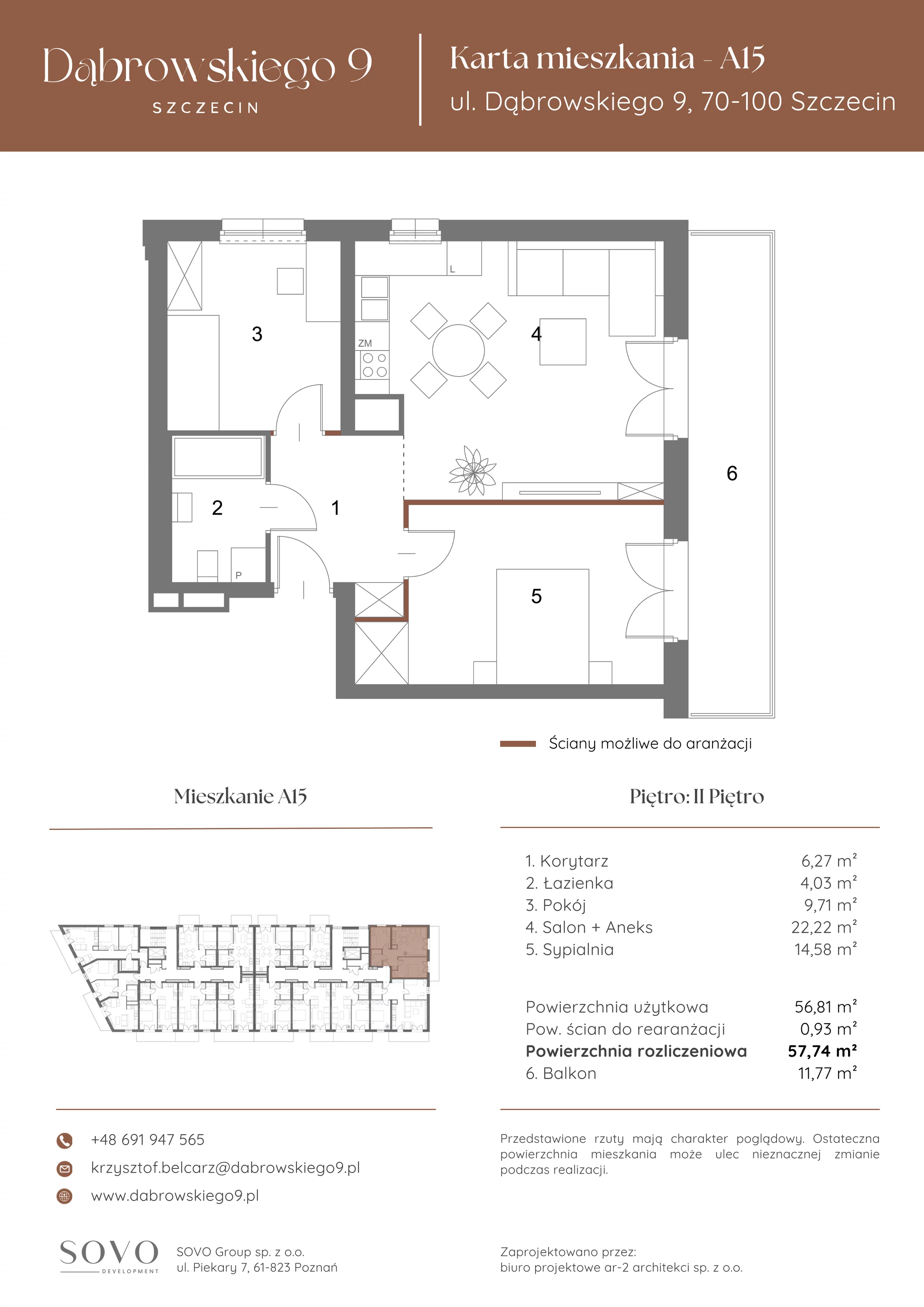 3 pokoje, mieszkanie 56,81 m², piętro 2, oferta nr A15, Dąbrowskiego 9, Szczecin, Zachód, ul. Dąbrowskiego / Piekary