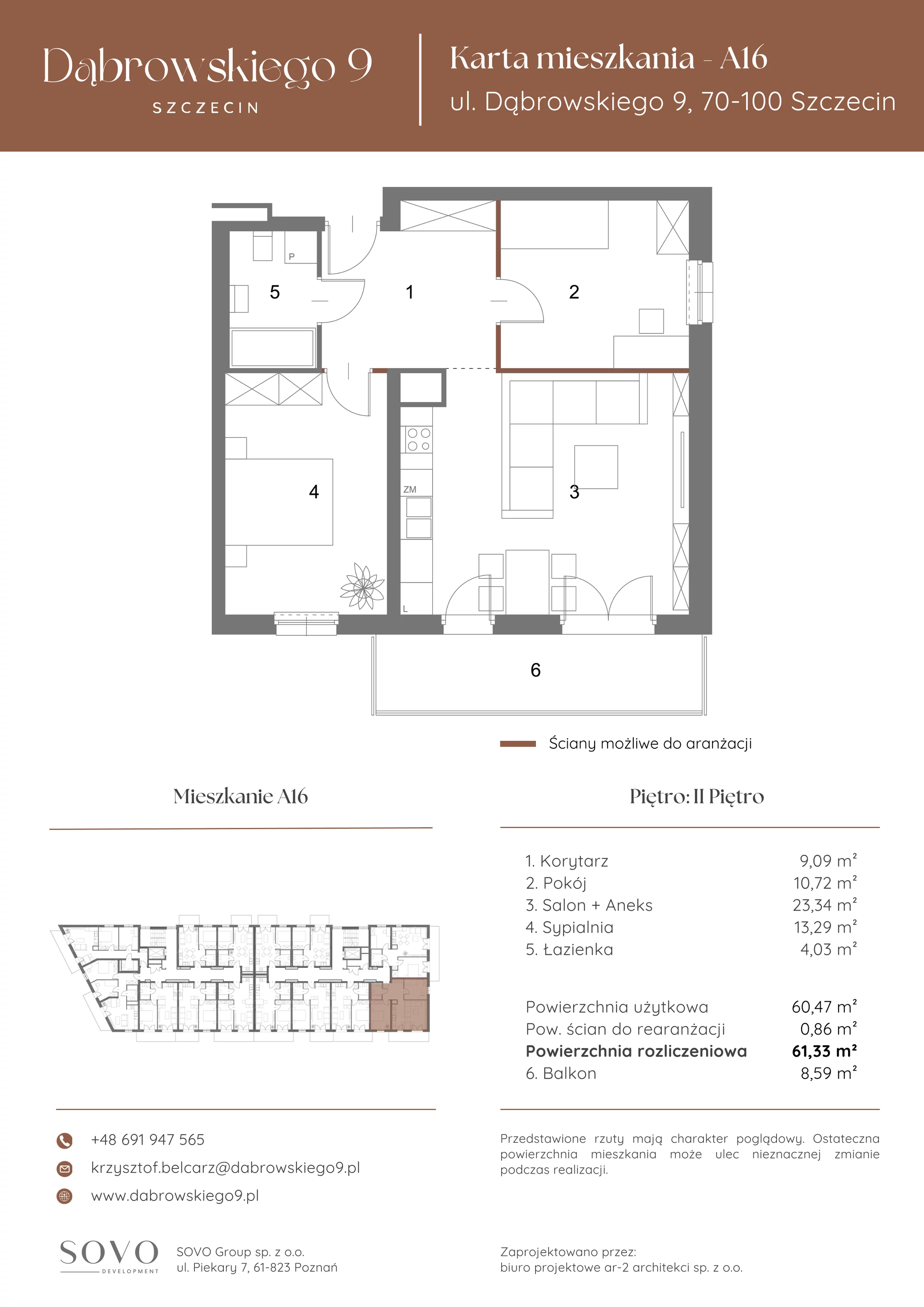 3 pokoje, mieszkanie 60,47 m², piętro 2, oferta nr A16, Dąbrowskiego 9, Szczecin, Zachód, ul. Dąbrowskiego / Piekary