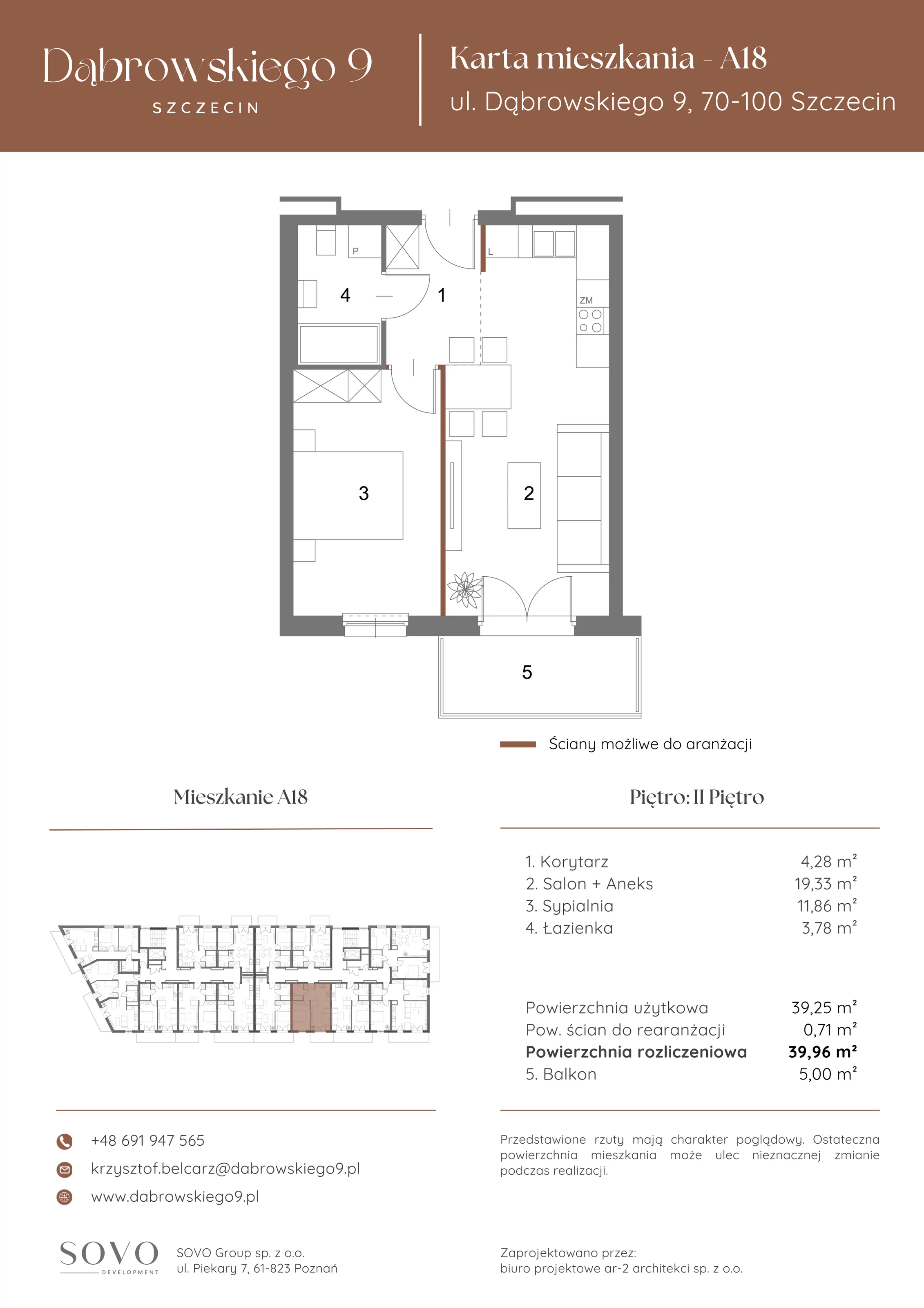 2 pokoje, mieszkanie 39,25 m², piętro 2, oferta nr A18, Dąbrowskiego 9, Szczecin, Zachód, ul. Dąbrowskiego / Piekary