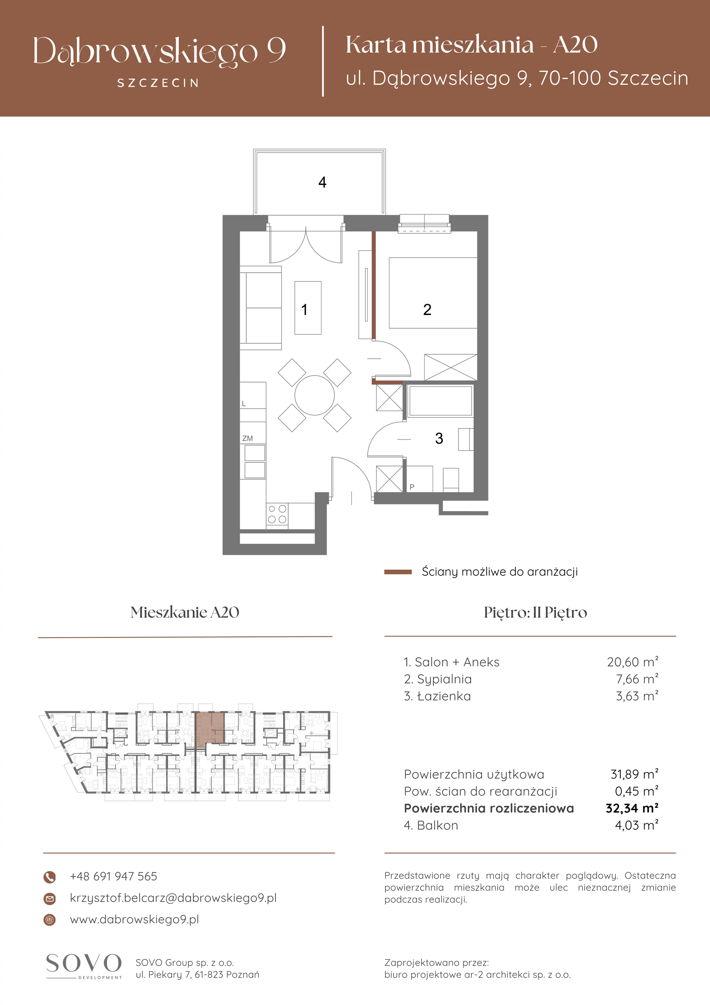 2 pokoje, mieszkanie 31,89 m², piętro 2, oferta nr A20, Dąbrowskiego 9, Szczecin, Zachód, ul. Dąbrowskiego / Piekary