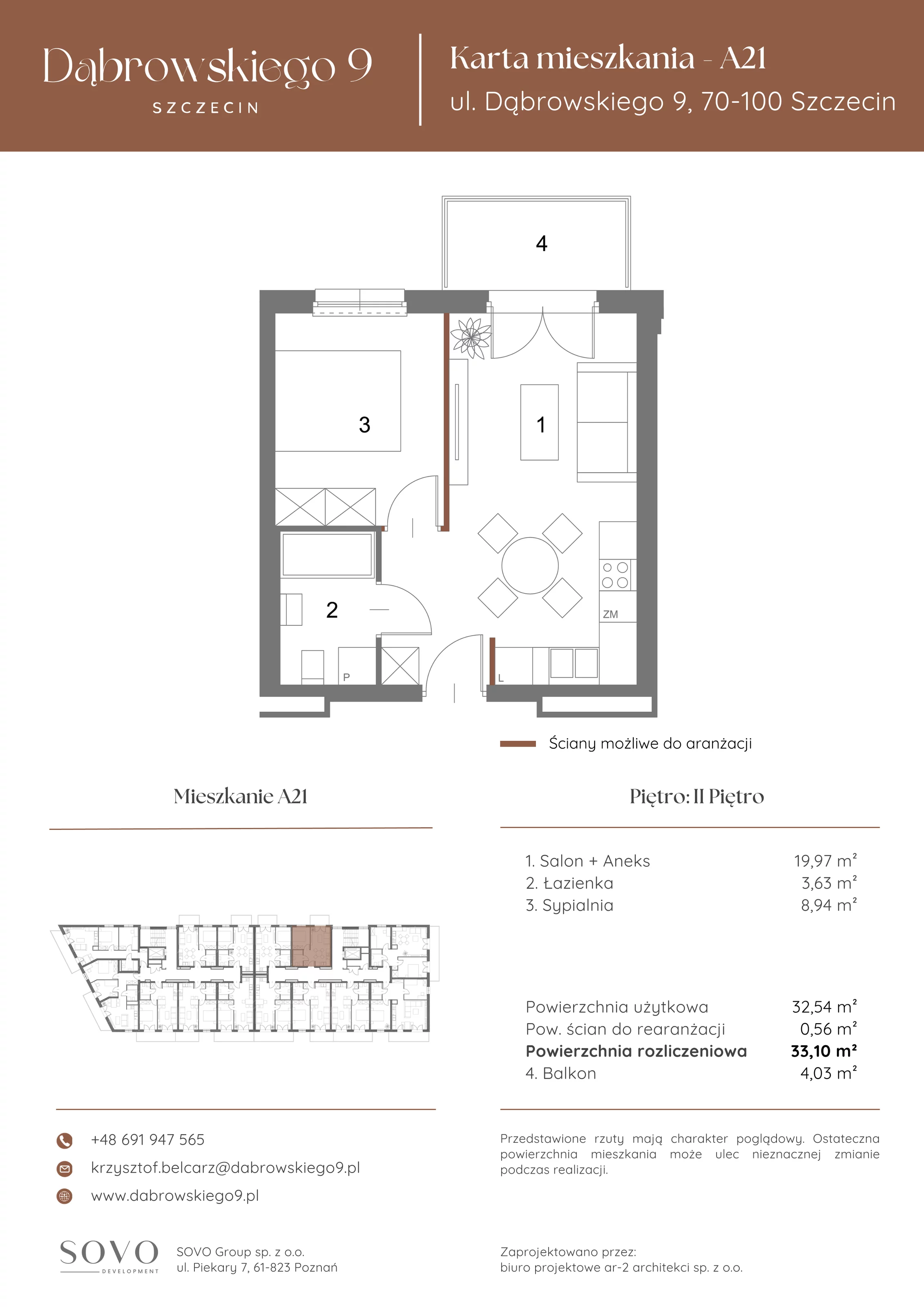 2 pokoje, mieszkanie 32,54 m², piętro 2, oferta nr A21, Dąbrowskiego 9, Szczecin, Zachód, ul. Dąbrowskiego / Piekary