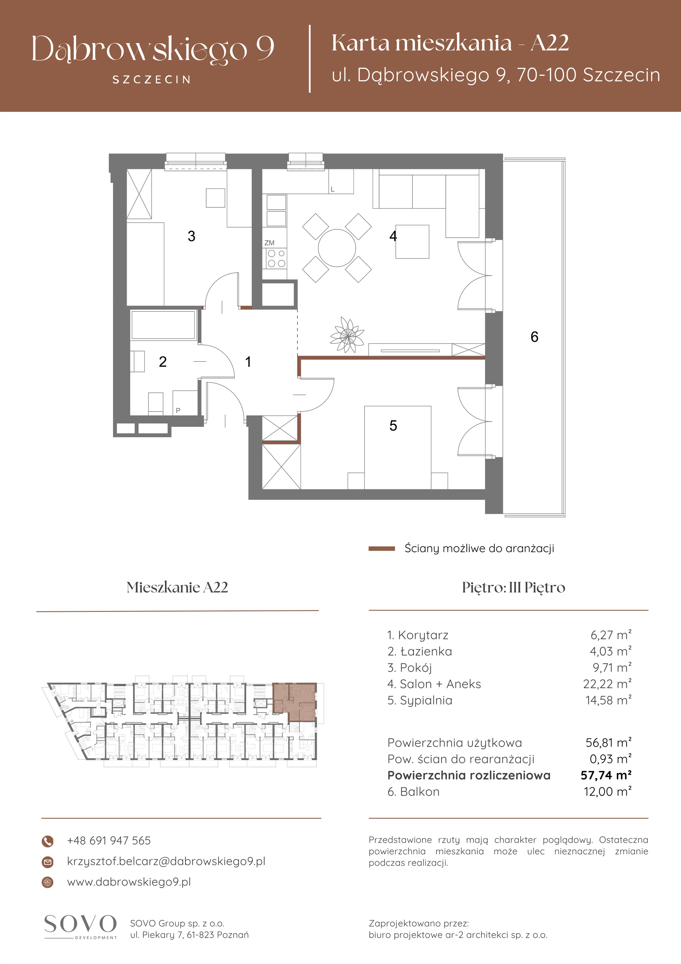 3 pokoje, mieszkanie 56,81 m², piętro 3, oferta nr A22, Dąbrowskiego 9, Szczecin, Zachód, ul. Dąbrowskiego / Piekary