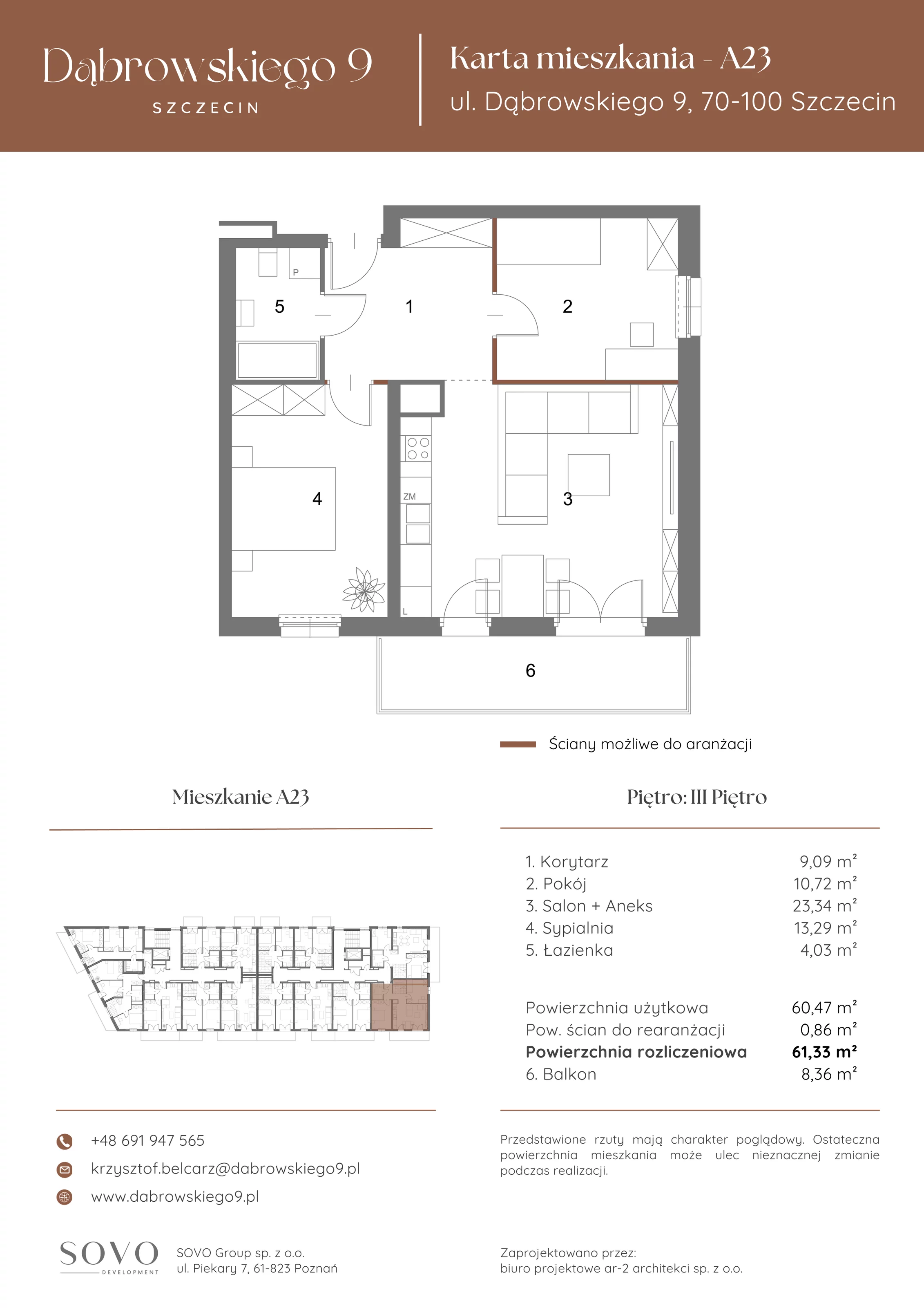 3 pokoje, mieszkanie 60,47 m², piętro 3, oferta nr A23, Dąbrowskiego 9, Szczecin, Zachód, ul. Dąbrowskiego / Piekary