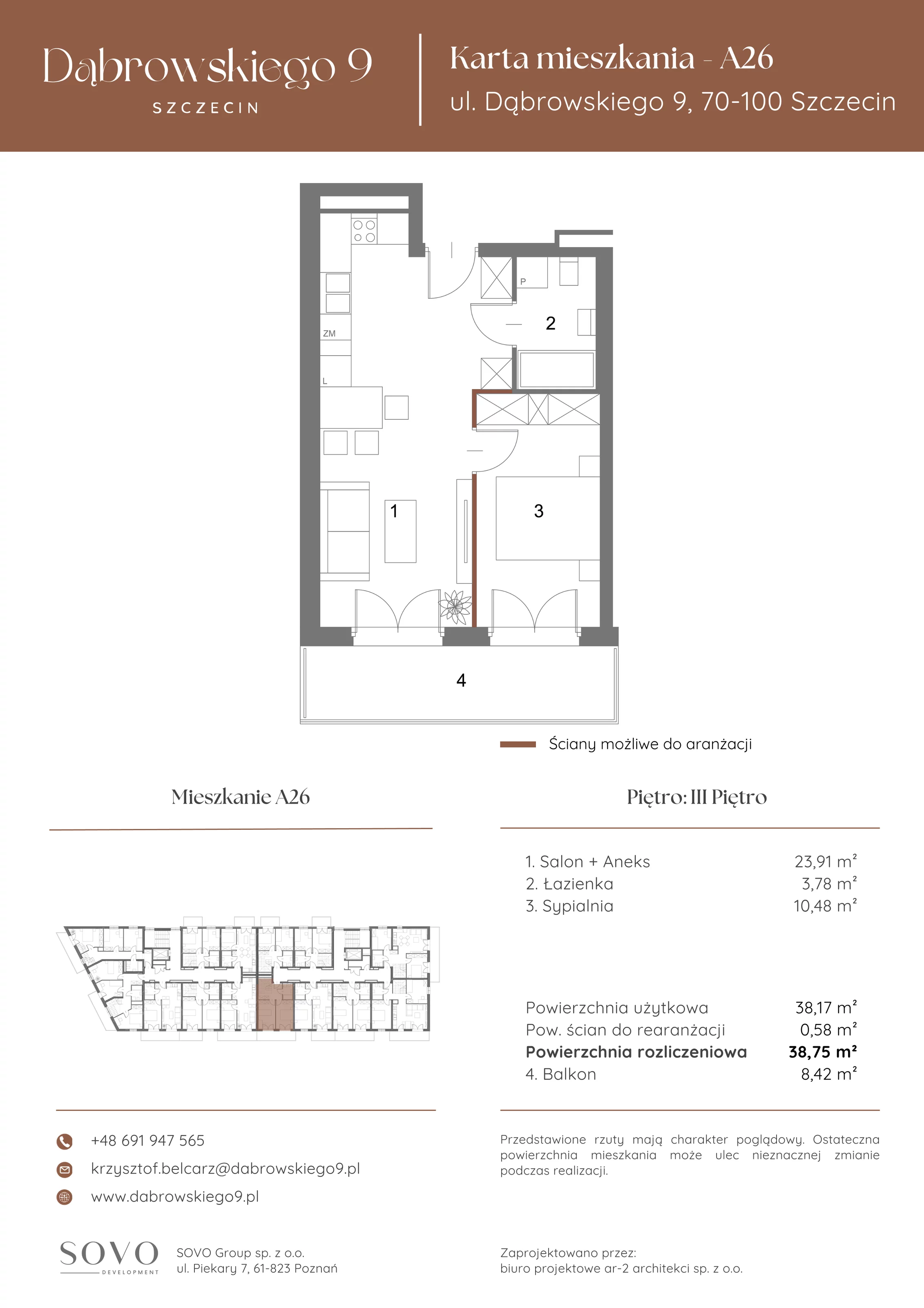 2 pokoje, mieszkanie 38,17 m², piętro 3, oferta nr A26, Dąbrowskiego 9, Szczecin, Zachód, ul. Dąbrowskiego / Piekary