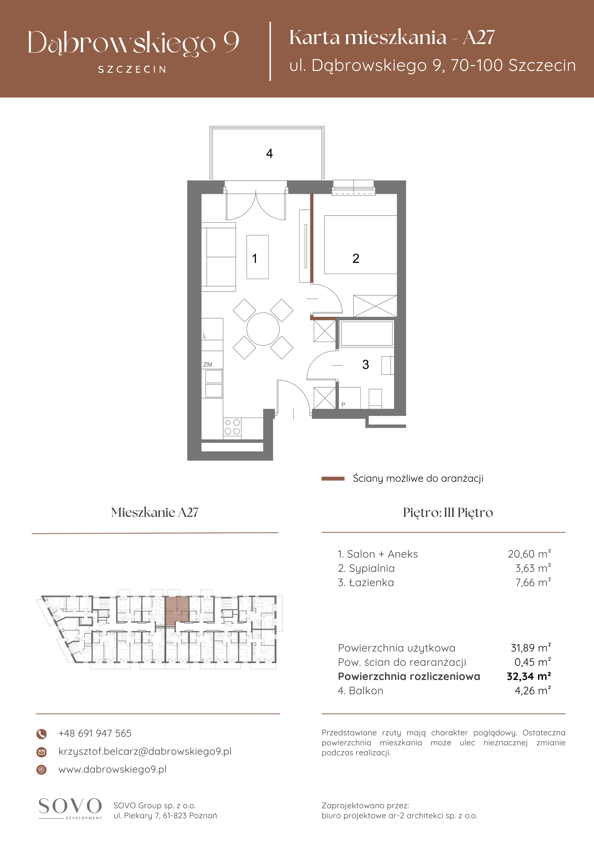 2 pokoje, mieszkanie 31,89 m², piętro 3, oferta nr A27, Dąbrowskiego 9, Szczecin, Zachód, ul. Dąbrowskiego / Piekary