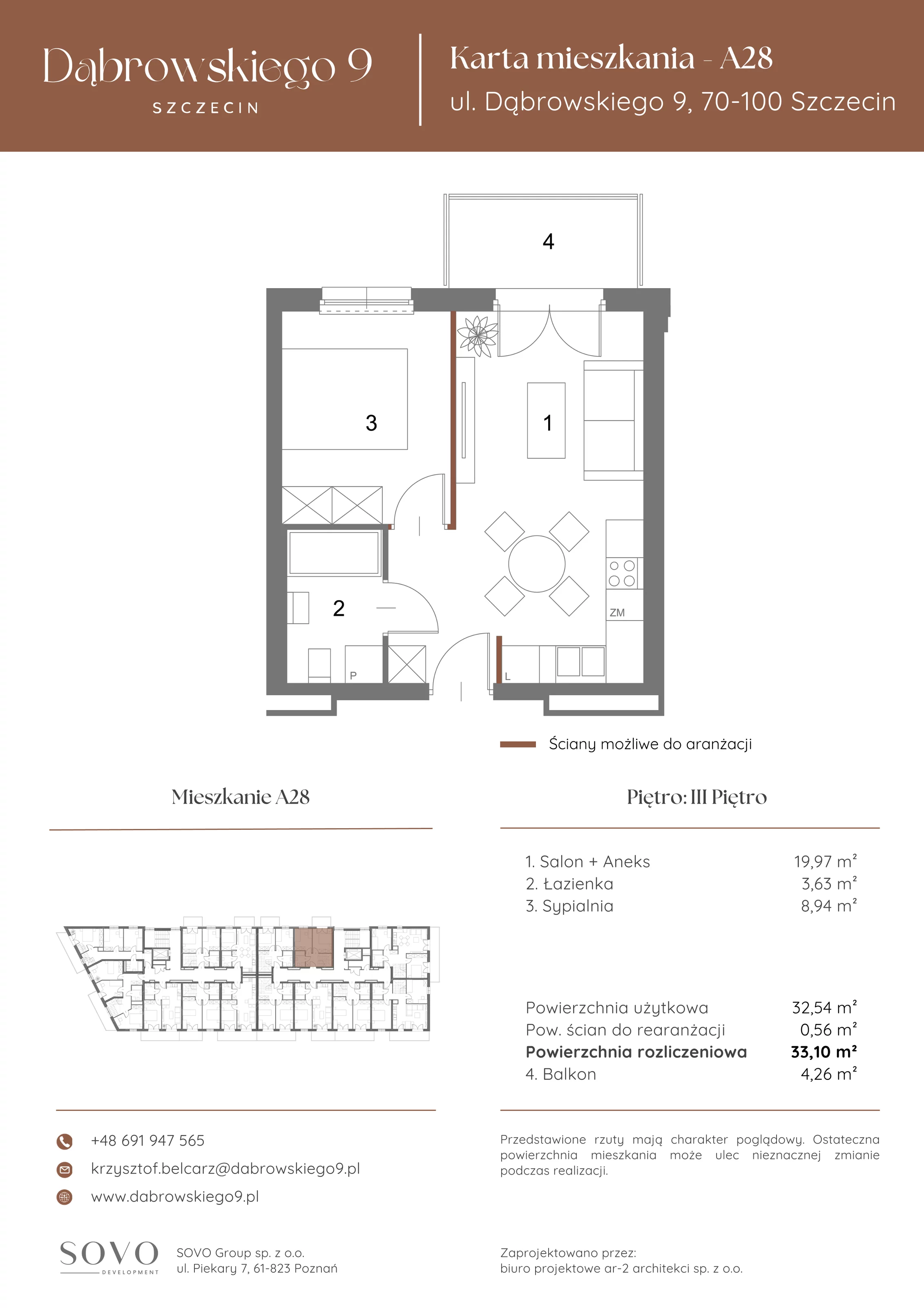 2 pokoje, mieszkanie 32,54 m², piętro 3, oferta nr A28, Dąbrowskiego 9, Szczecin, Zachód, ul. Dąbrowskiego / Piekary