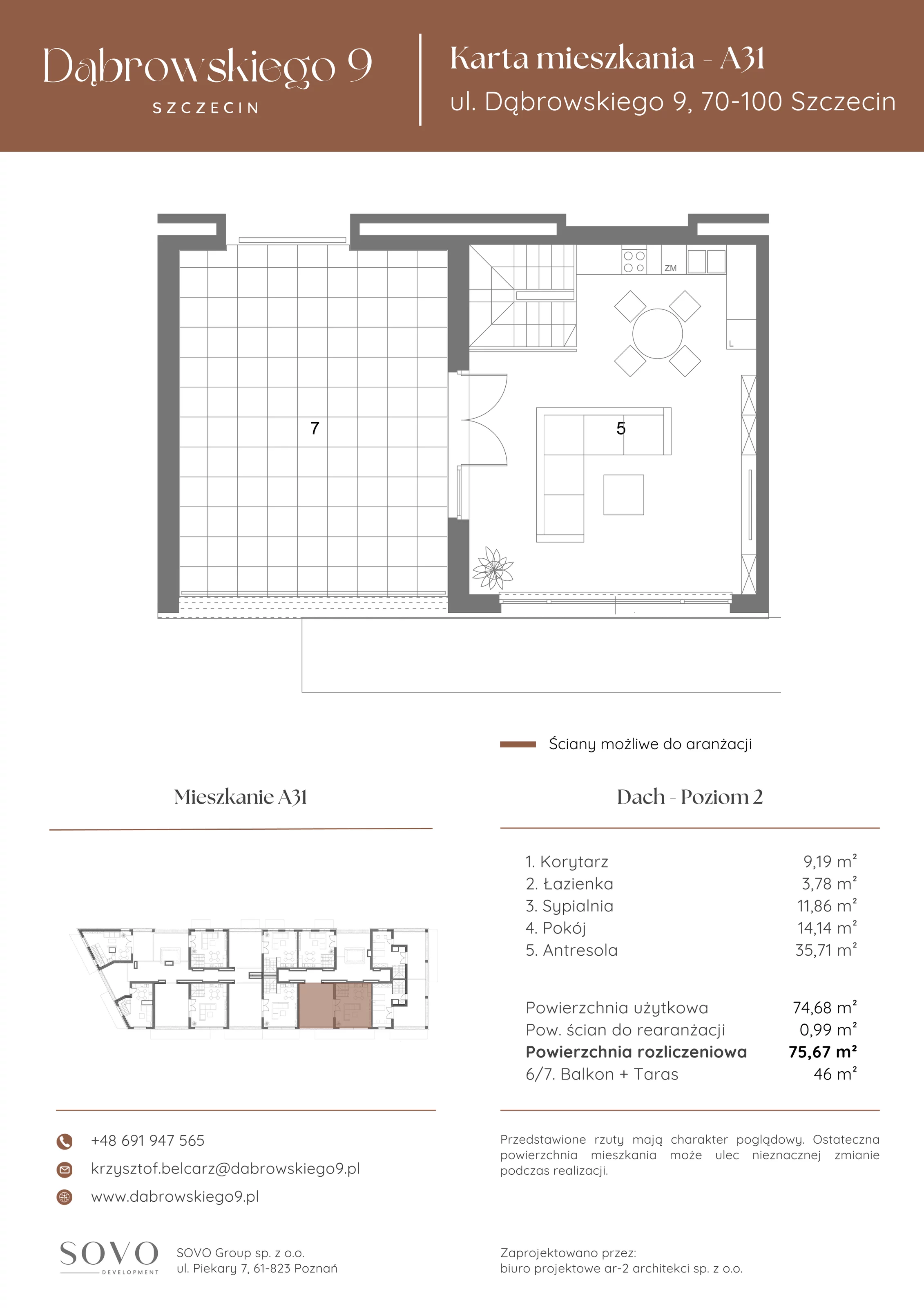 3 pokoje, mieszkanie 74,68 m², piętro 4, oferta nr A31, Dąbrowskiego 9, Szczecin, Zachód, ul. Dąbrowskiego / Piekary