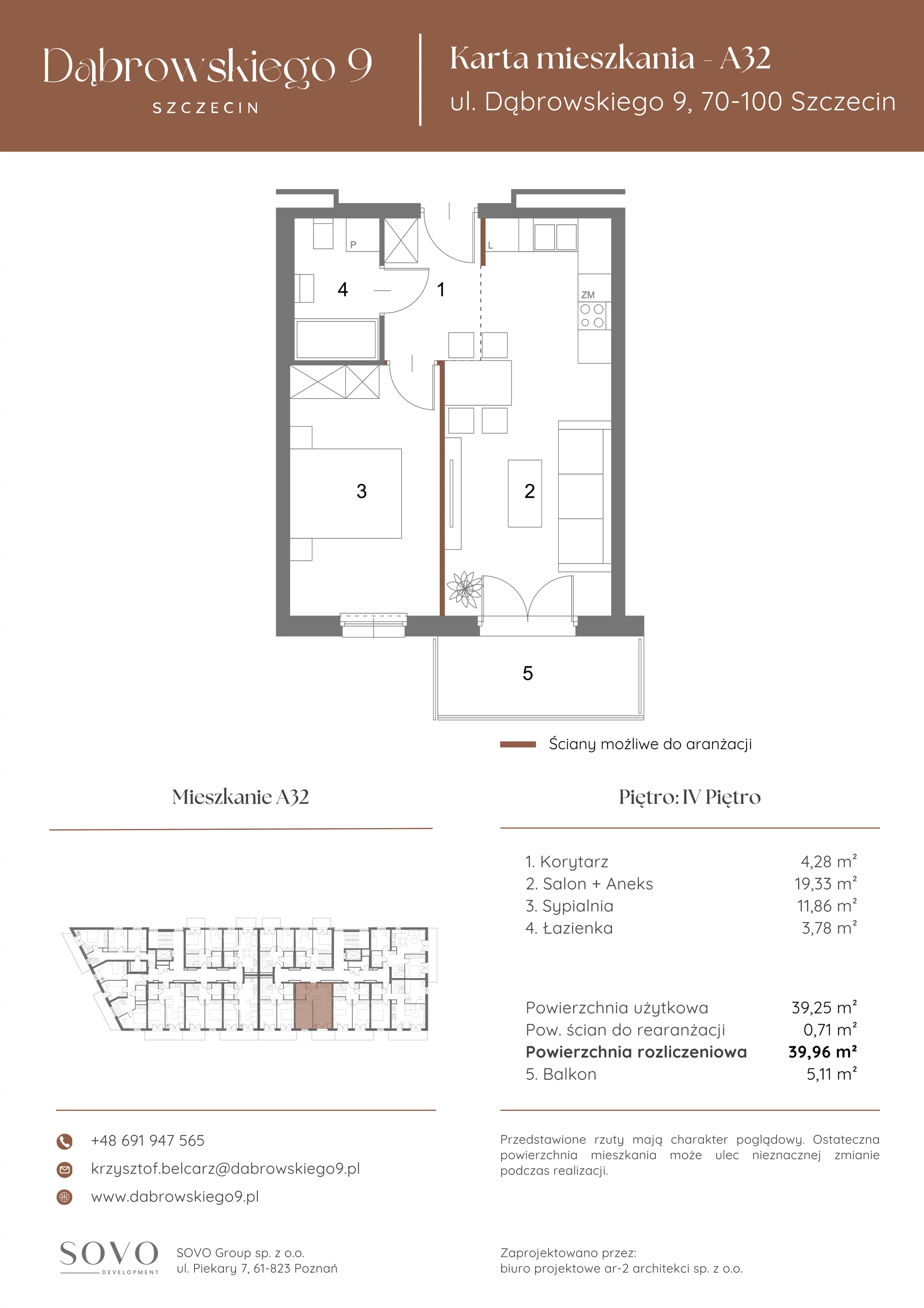 2 pokoje, mieszkanie 39,25 m², piętro 4, oferta nr A32, Dąbrowskiego 9, Szczecin, Zachód, ul. Dąbrowskiego / Piekary