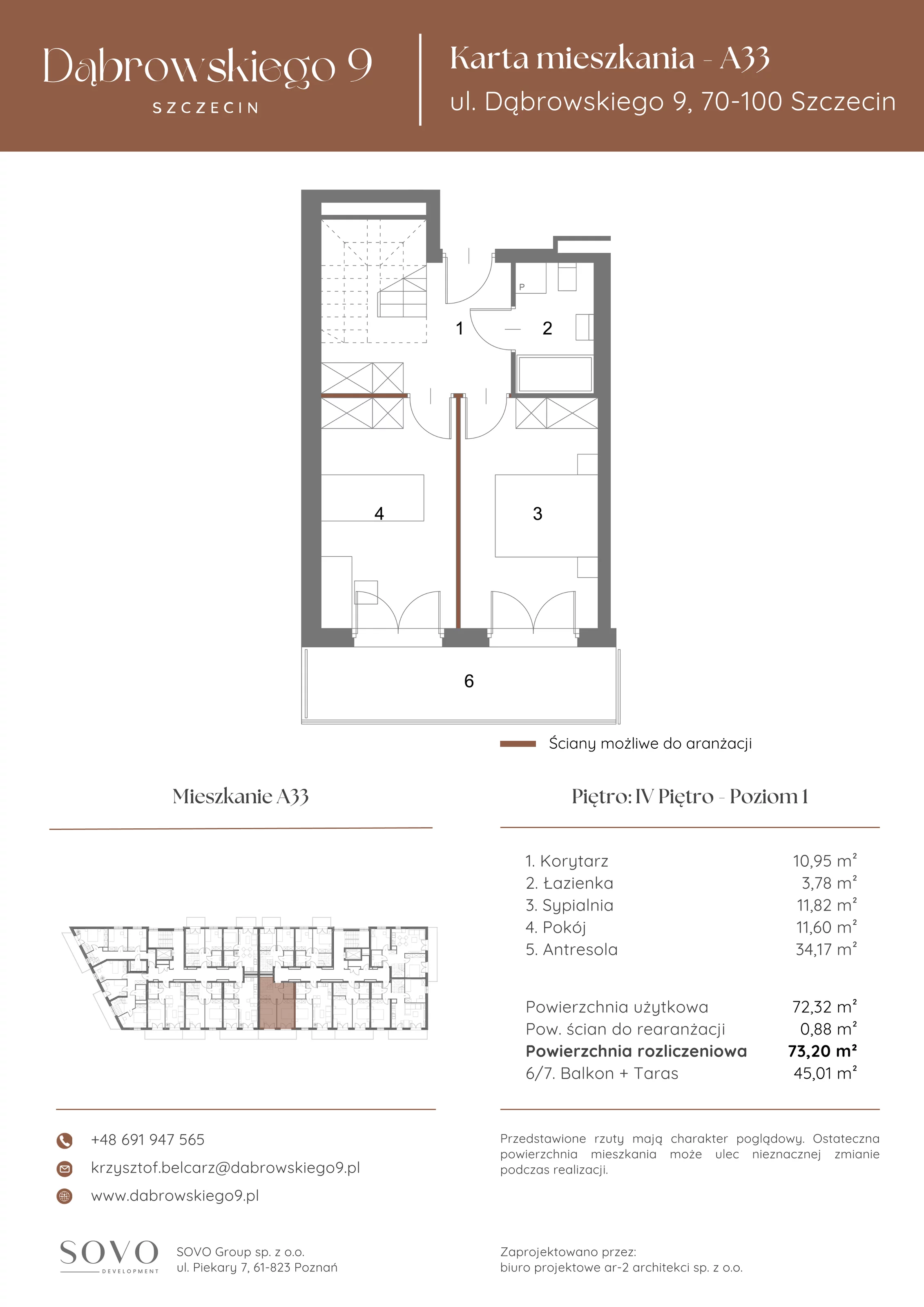 3 pokoje, mieszkanie 72,32 m², piętro 4, oferta nr A33, Dąbrowskiego 9, Szczecin, Zachód, ul. Dąbrowskiego / Piekary