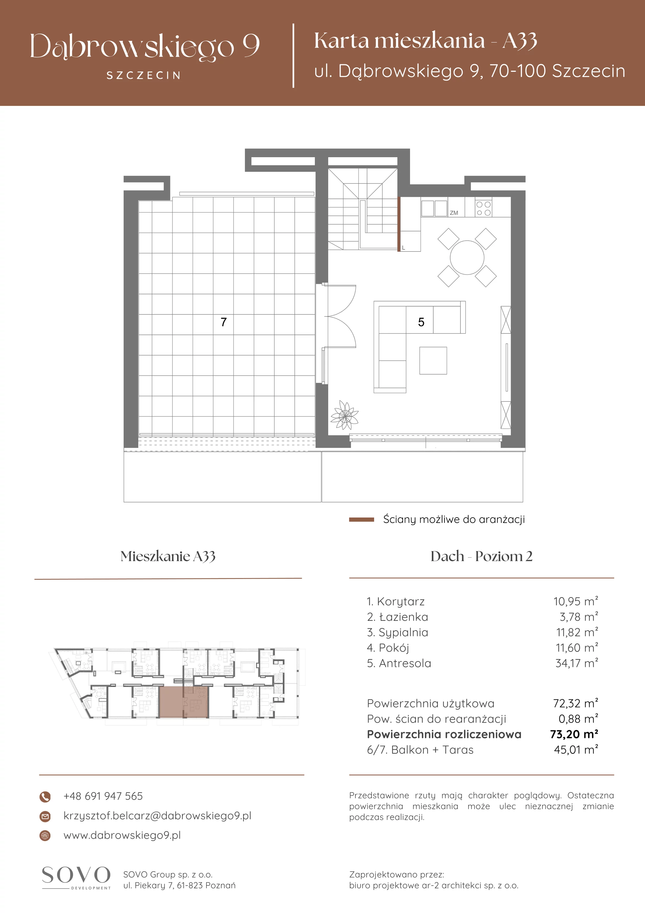 3 pokoje, mieszkanie 72,32 m², piętro 4, oferta nr A33, Dąbrowskiego 9, Szczecin, Zachód, ul. Dąbrowskiego / Piekary