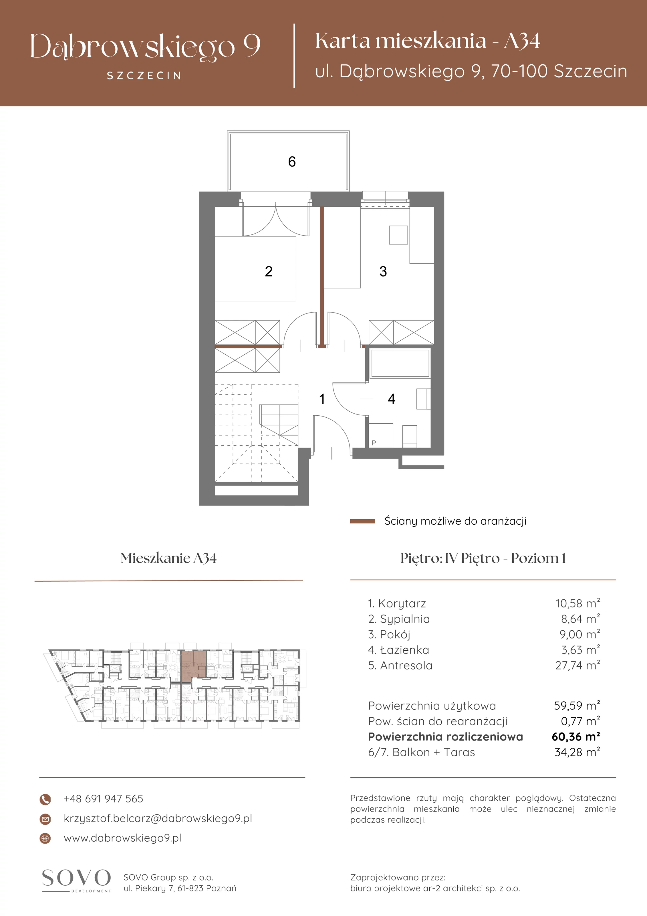 3 pokoje, mieszkanie 59,59 m², piętro 4, oferta nr A34, Dąbrowskiego 9, Szczecin, Zachód, ul. Dąbrowskiego / Piekary