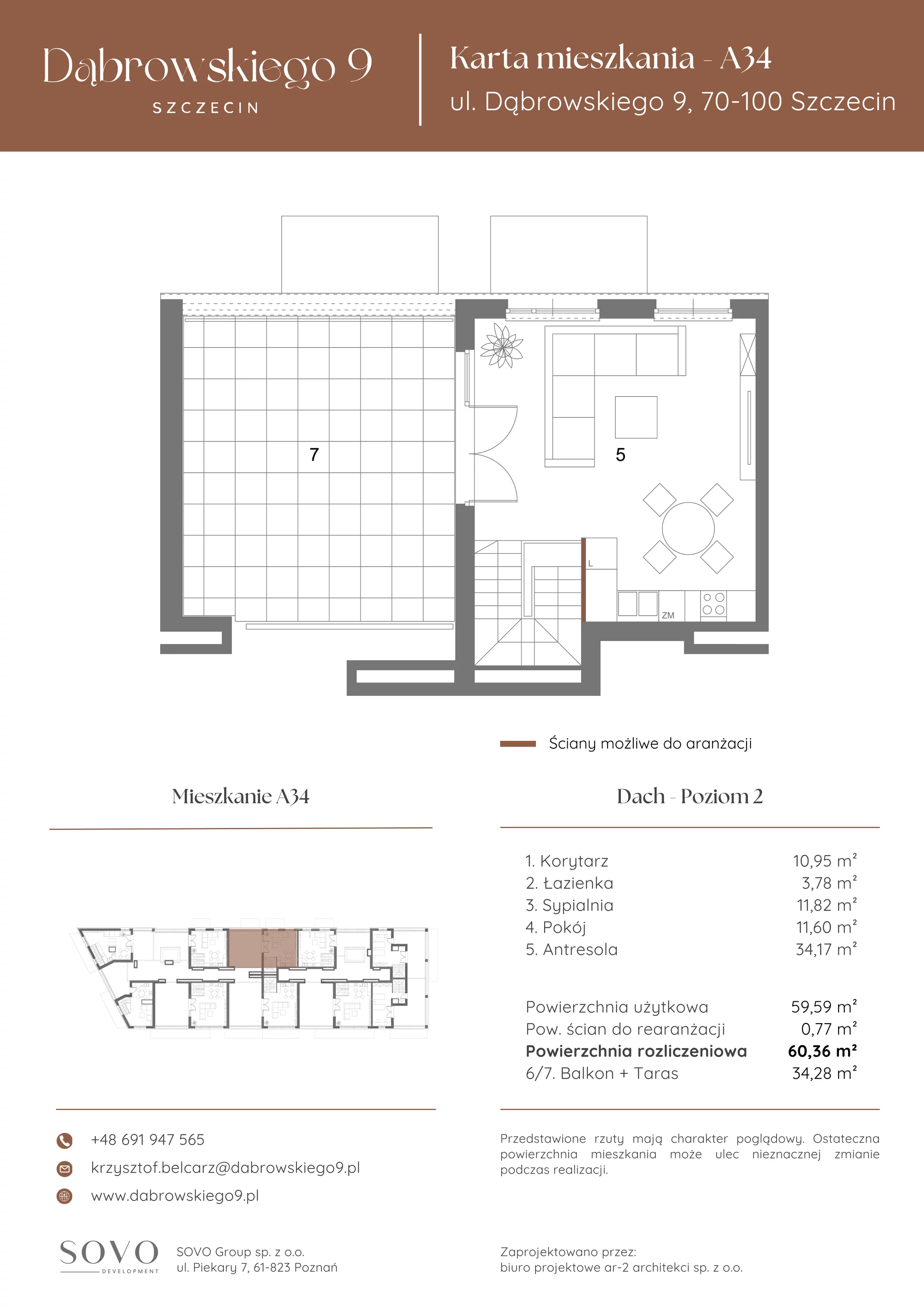 3 pokoje, mieszkanie 59,59 m², piętro 4, oferta nr A34, Dąbrowskiego 9, Szczecin, Zachód, ul. Dąbrowskiego / Piekary