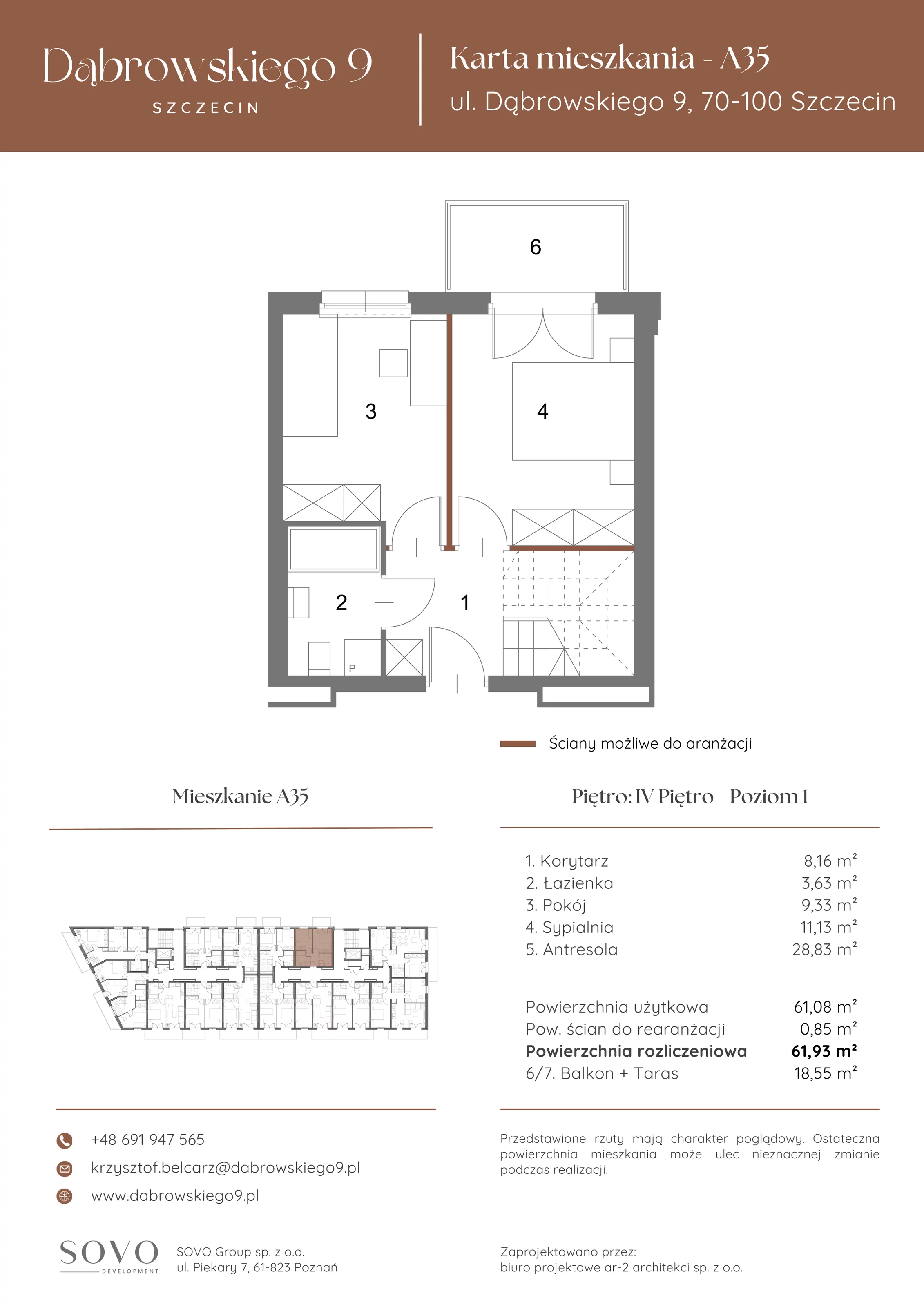 2 pokoje, mieszkanie 61,08 m², piętro 4, oferta nr A35, Dąbrowskiego 9, Szczecin, Zachód, ul. Dąbrowskiego / Piekary