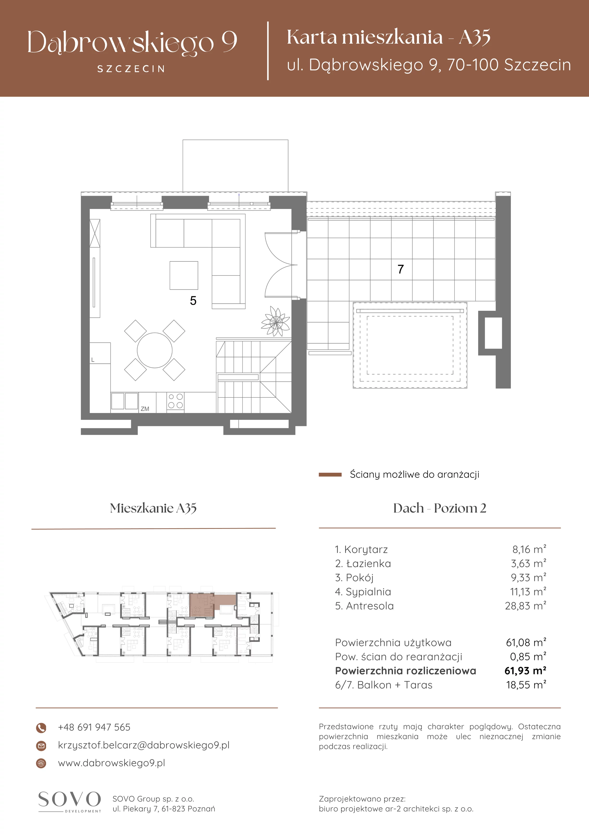 2 pokoje, mieszkanie 61,08 m², piętro 4, oferta nr A35, Dąbrowskiego 9, Szczecin, Zachód, ul. Dąbrowskiego / Piekary