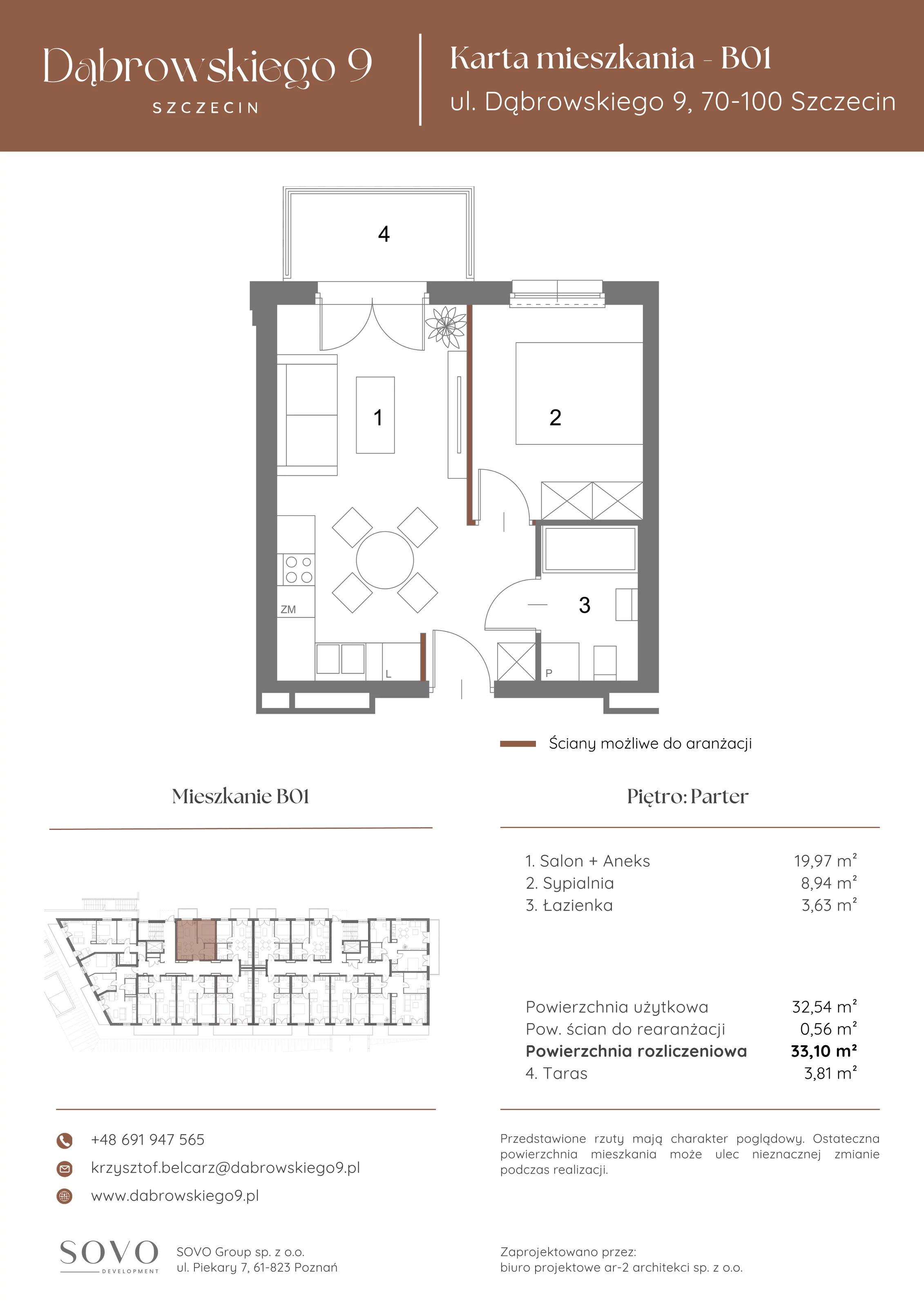 2 pokoje, mieszkanie 32,54 m², parter, oferta nr B01, Dąbrowskiego 9, Szczecin, Zachód, ul. Dąbrowskiego / Piekary