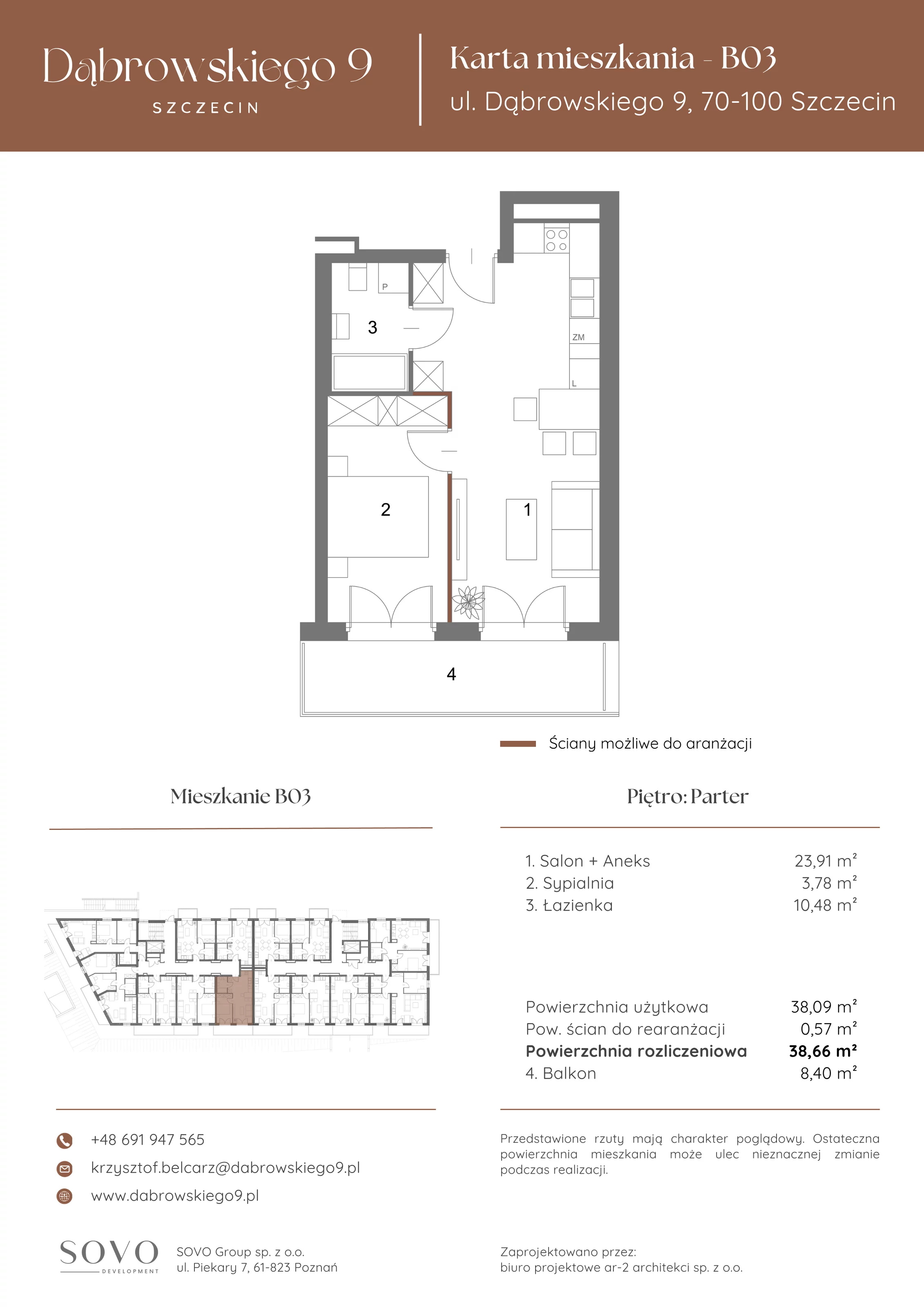 2 pokoje, mieszkanie 38,09 m², parter, oferta nr B03, Dąbrowskiego 9, Szczecin, Zachód, ul. Dąbrowskiego / Piekary