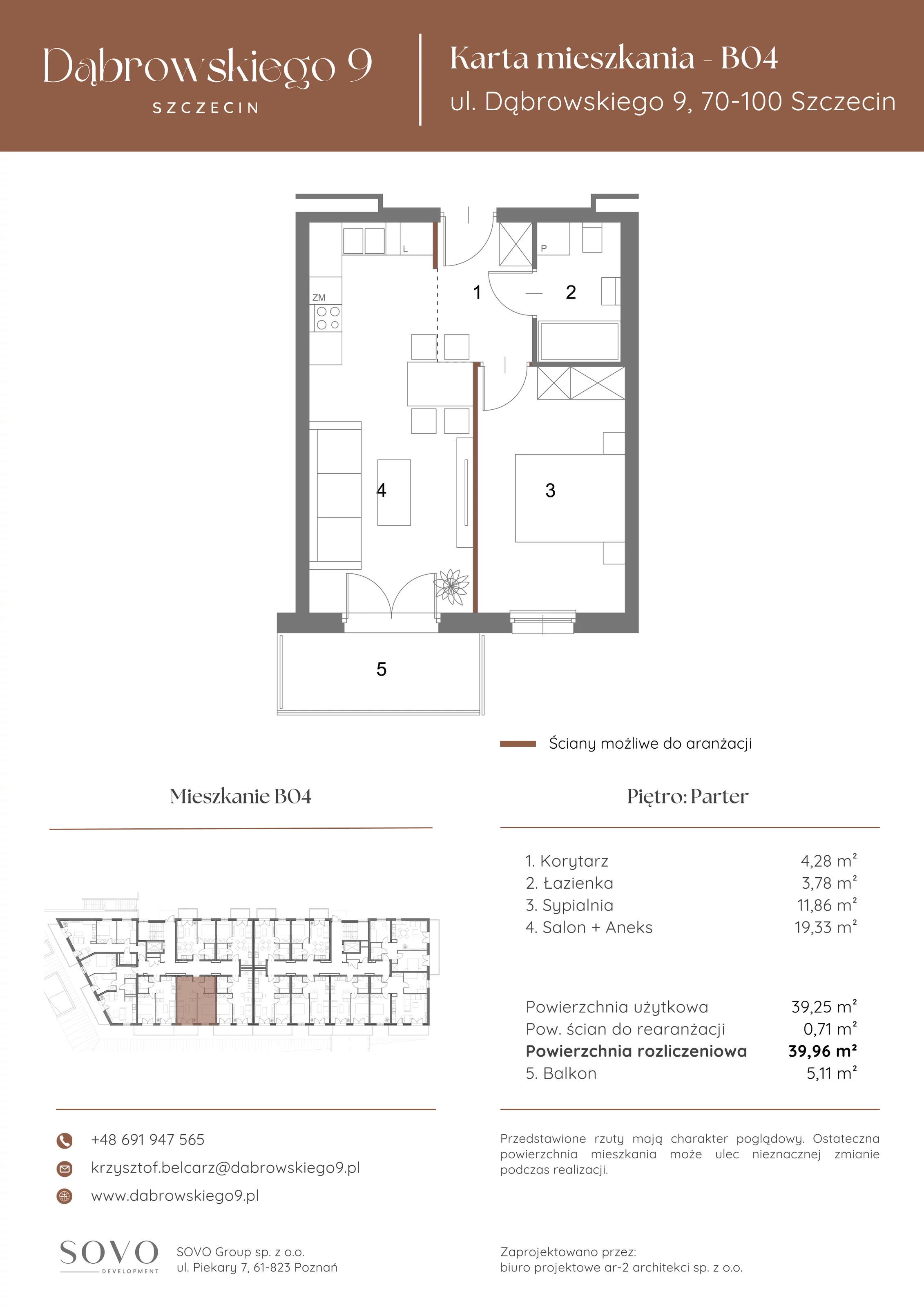 2 pokoje, mieszkanie 39,25 m², parter, oferta nr B04, Dąbrowskiego 9, Szczecin, Zachód, ul. Dąbrowskiego / Piekary