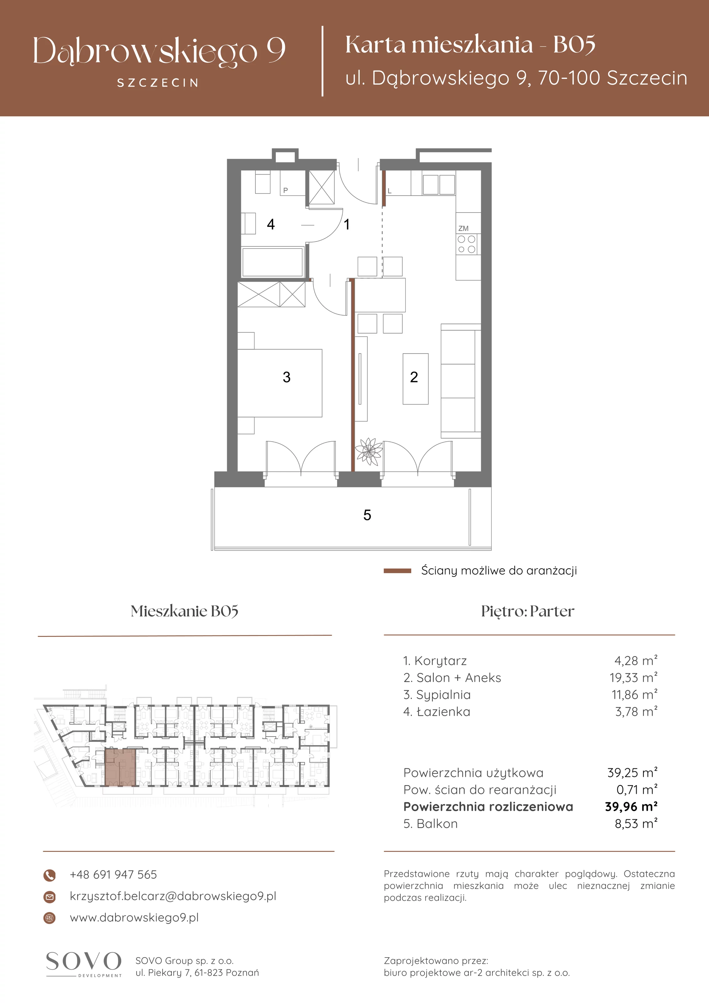 2 pokoje, mieszkanie 39,25 m², parter, oferta nr B05, Dąbrowskiego 9, Szczecin, Zachód, ul. Dąbrowskiego / Piekary