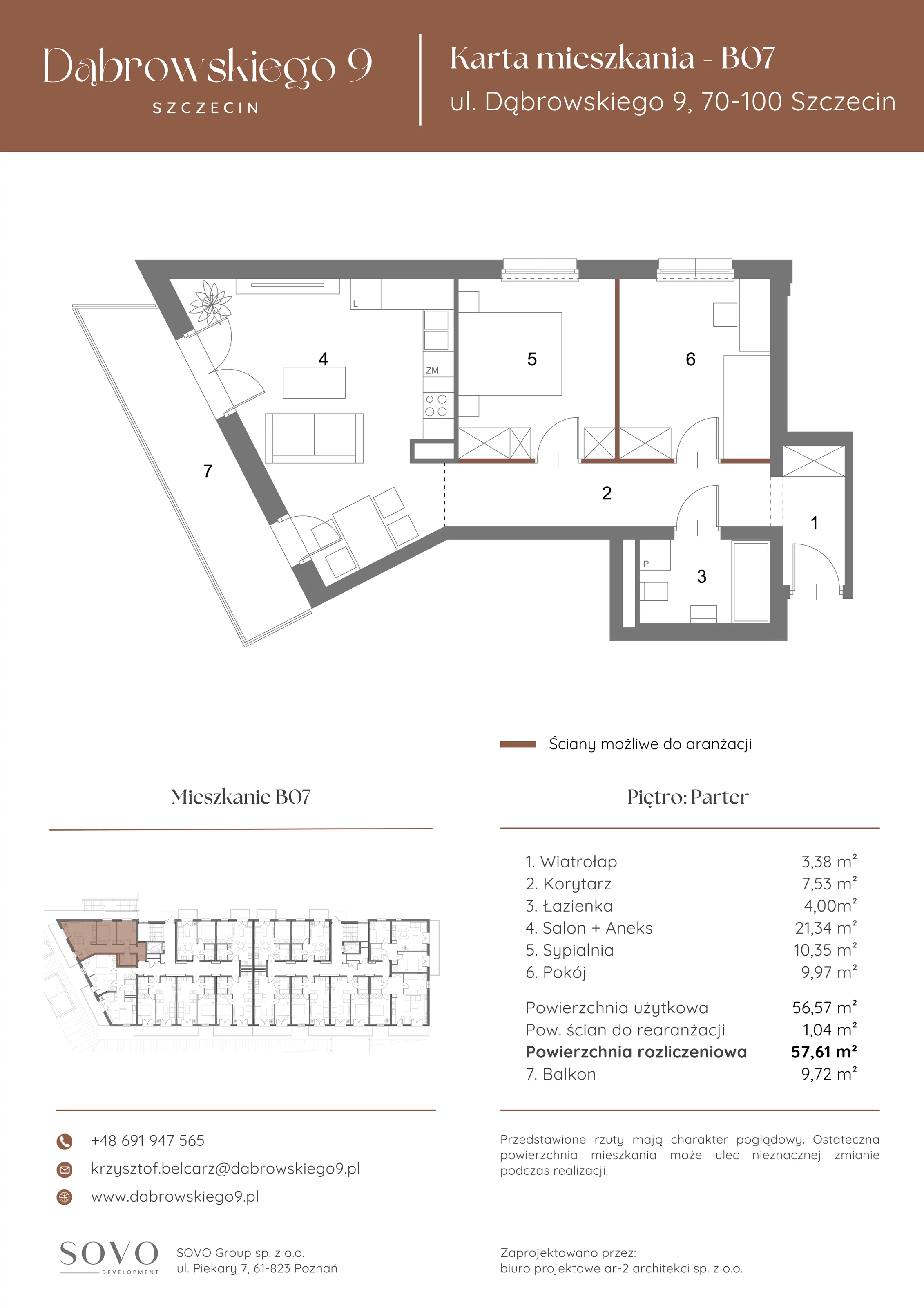 3 pokoje, mieszkanie 56,57 m², parter, oferta nr B07, Dąbrowskiego 9, Szczecin, Zachód, ul. Dąbrowskiego / Piekary