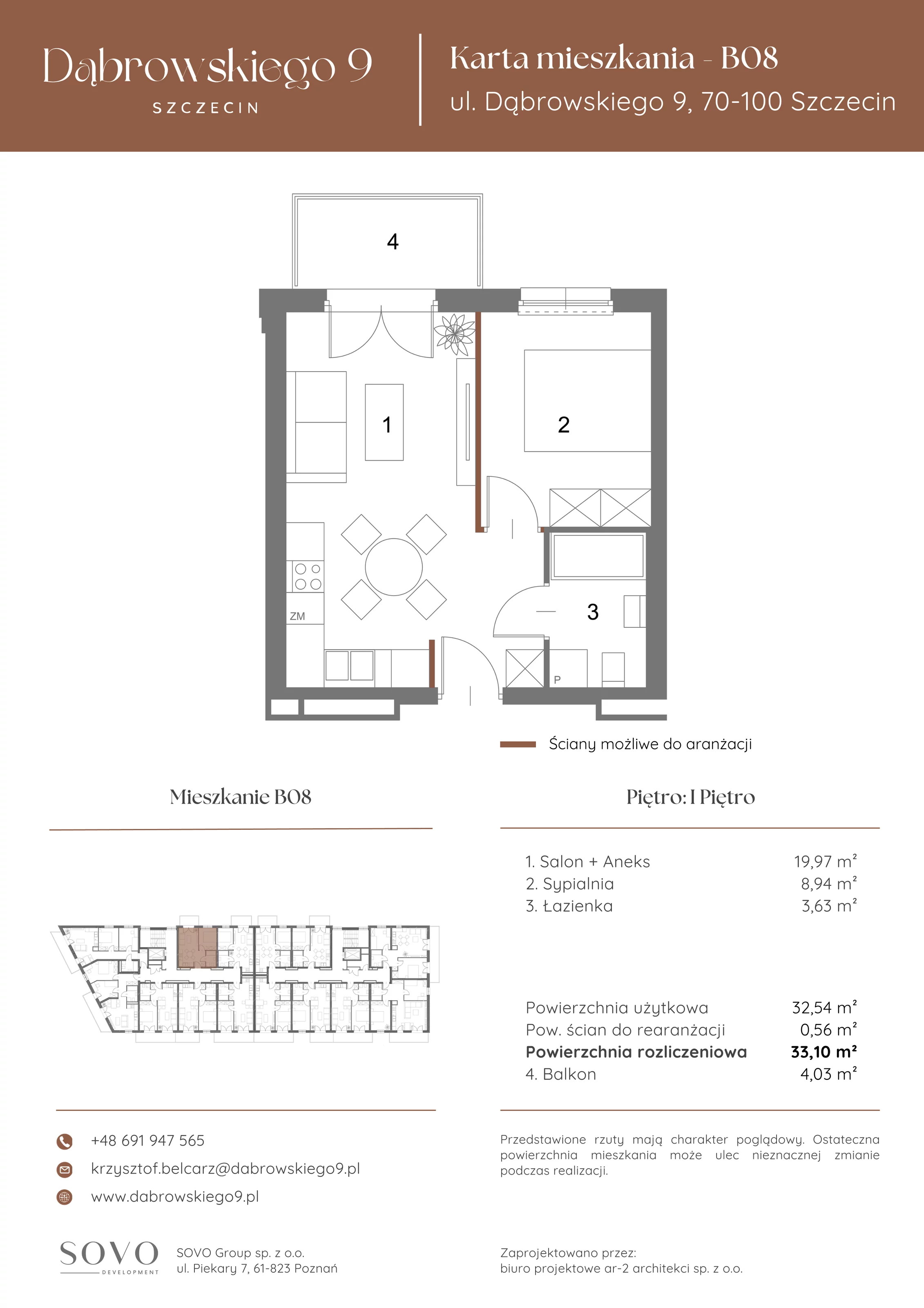 2 pokoje, mieszkanie 32,54 m², piętro 1, oferta nr B08, Dąbrowskiego 9, Szczecin, Zachód, ul. Dąbrowskiego / Piekary