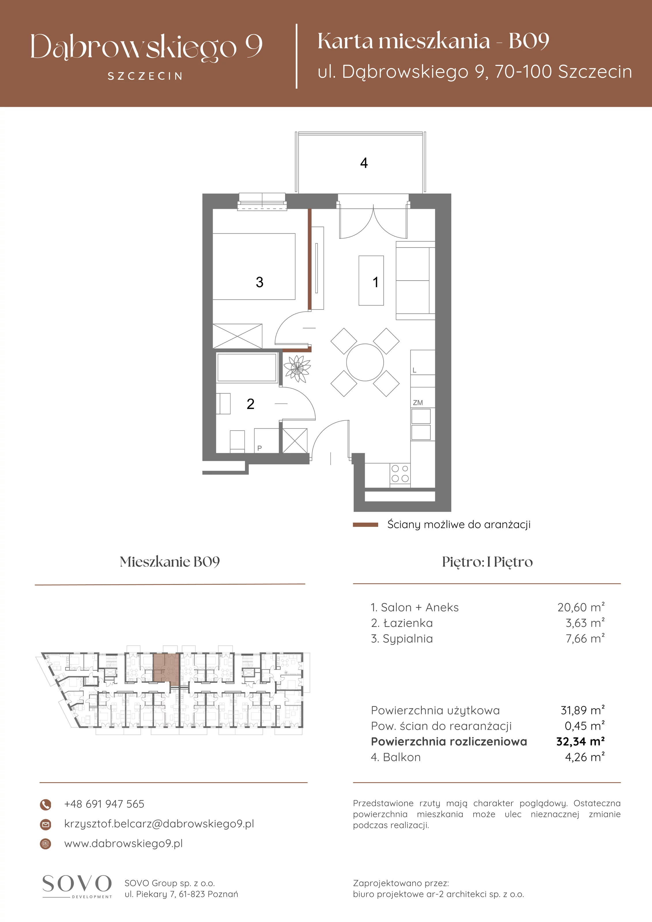 2 pokoje, mieszkanie 31,89 m², piętro 1, oferta nr B09, Dąbrowskiego 9, Szczecin, Zachód, ul. Dąbrowskiego / Piekary