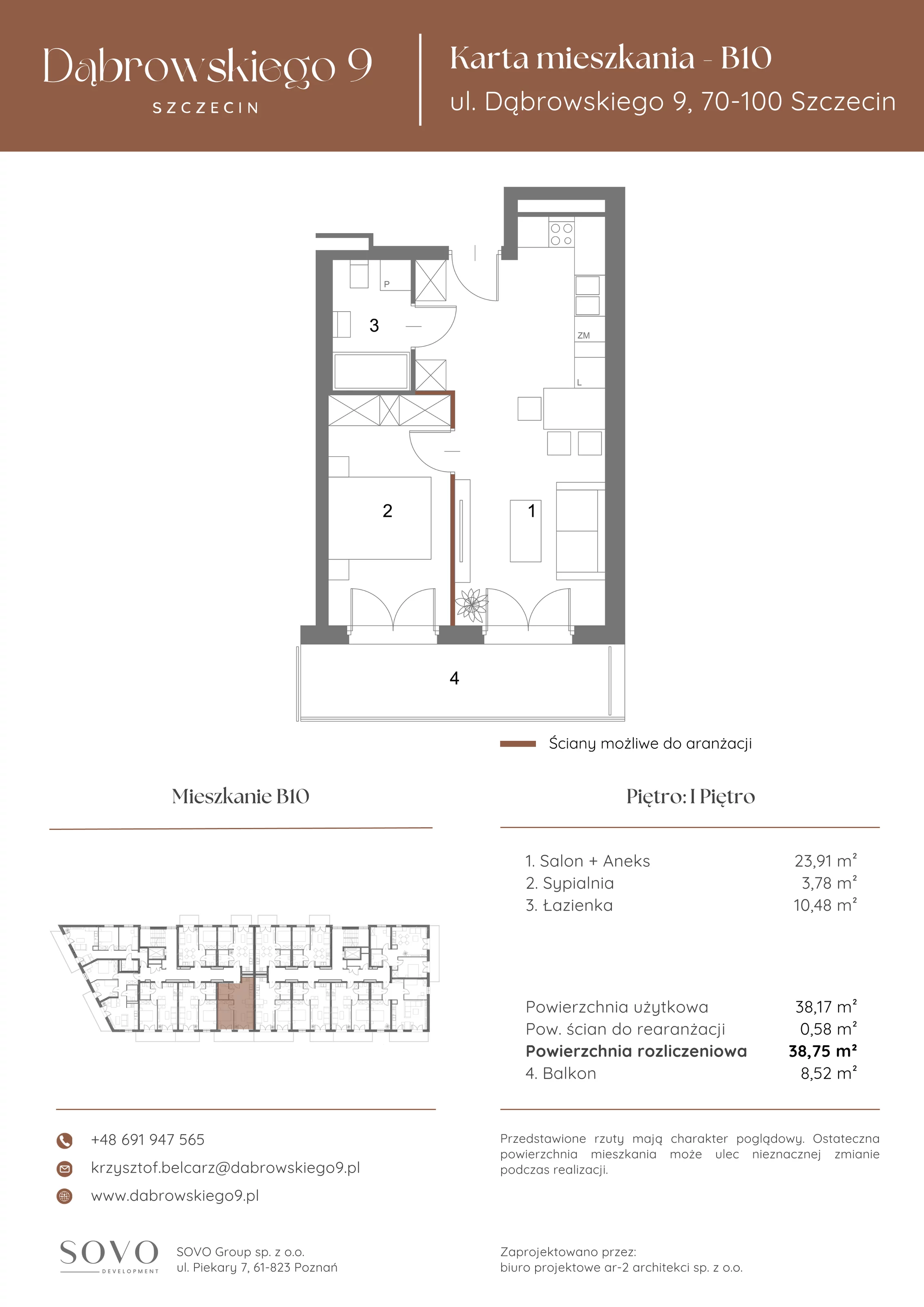 2 pokoje, mieszkanie 38,17 m², piętro 1, oferta nr B10, Dąbrowskiego 9, Szczecin, Zachód, ul. Dąbrowskiego / Piekary