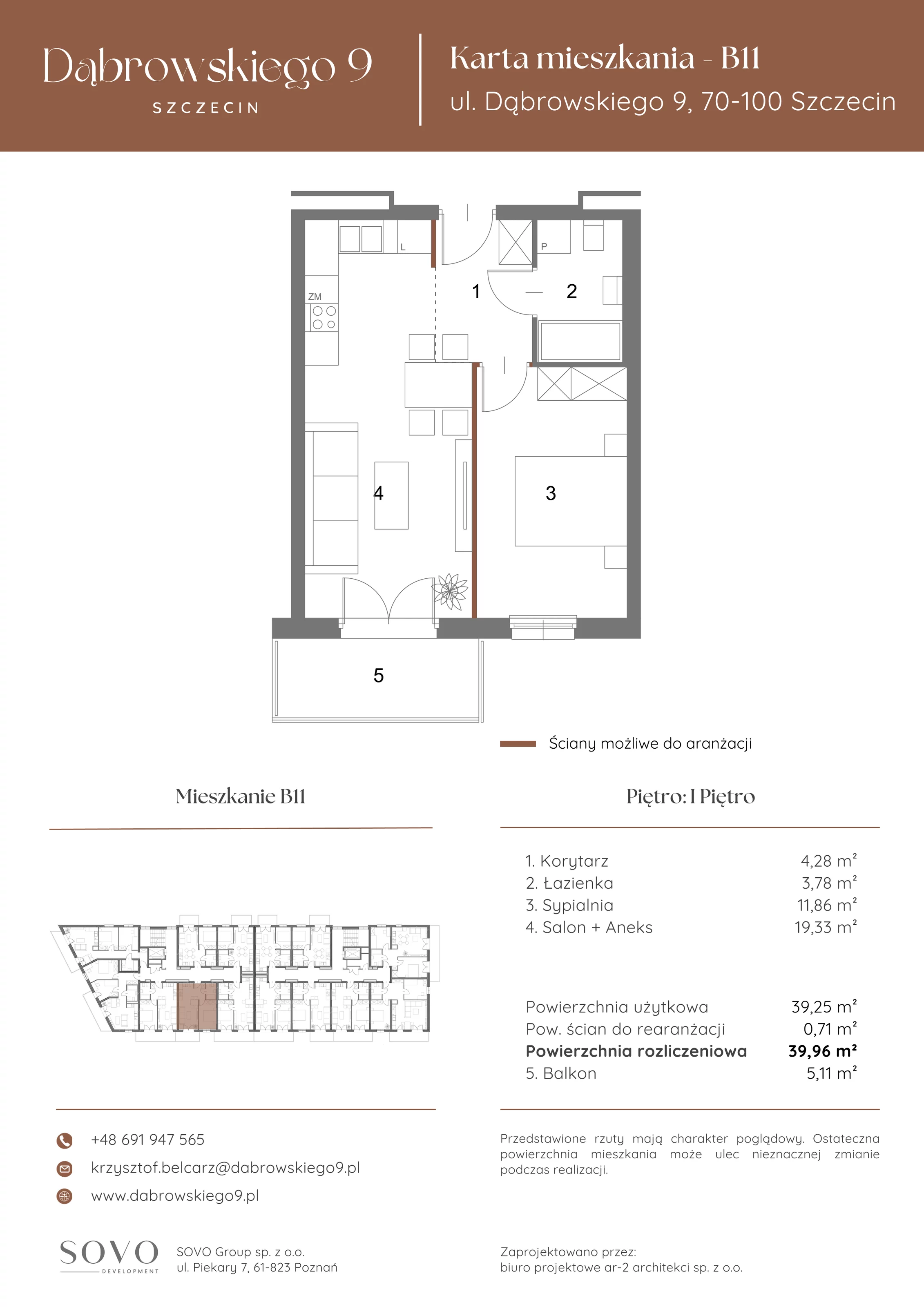 2 pokoje, mieszkanie 39,25 m², piętro 1, oferta nr B11, Dąbrowskiego 9, Szczecin, Zachód, ul. Dąbrowskiego / Piekary