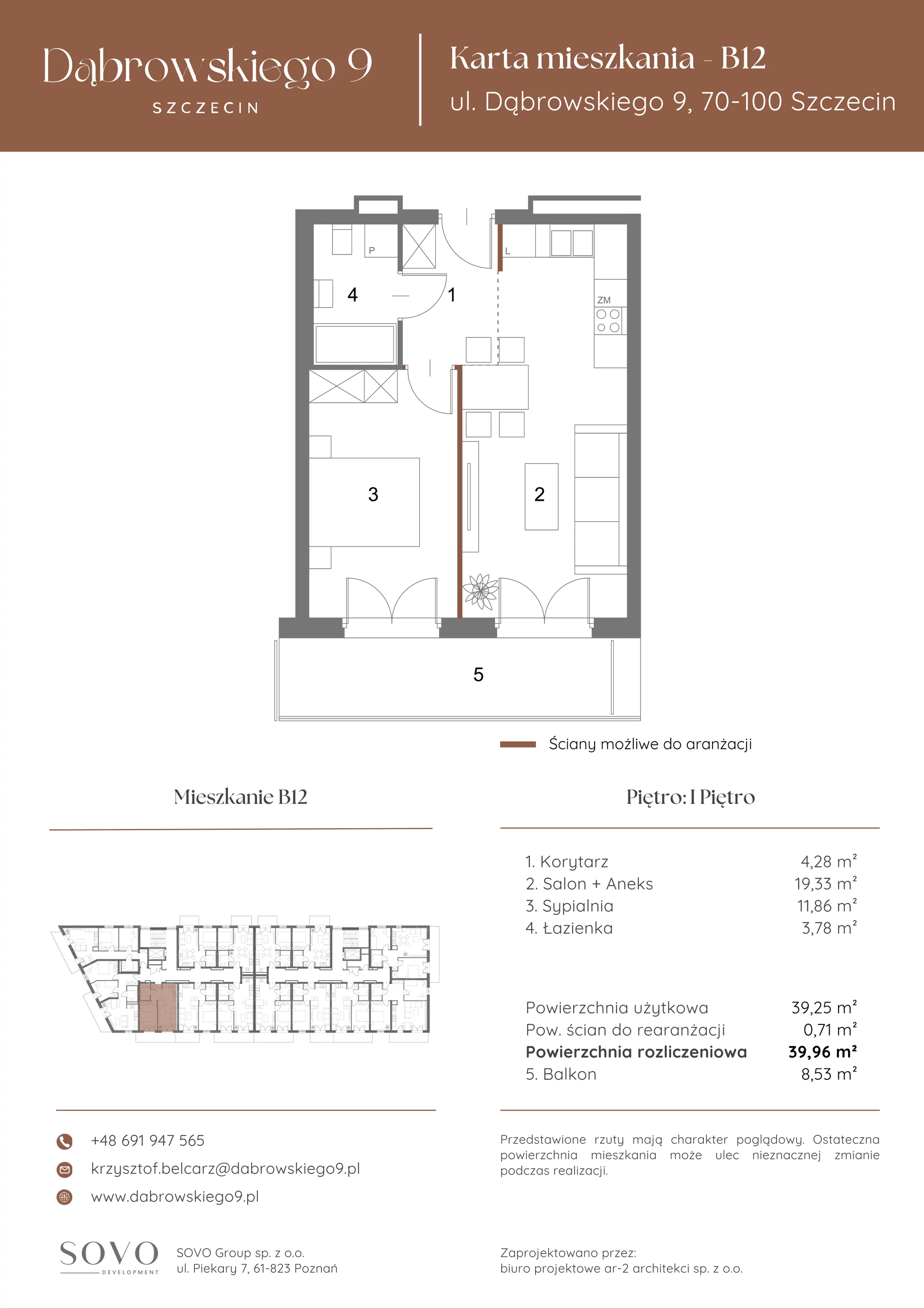 2 pokoje, mieszkanie 39,25 m², piętro 1, oferta nr B12, Dąbrowskiego 9, Szczecin, Zachód, ul. Dąbrowskiego / Piekary