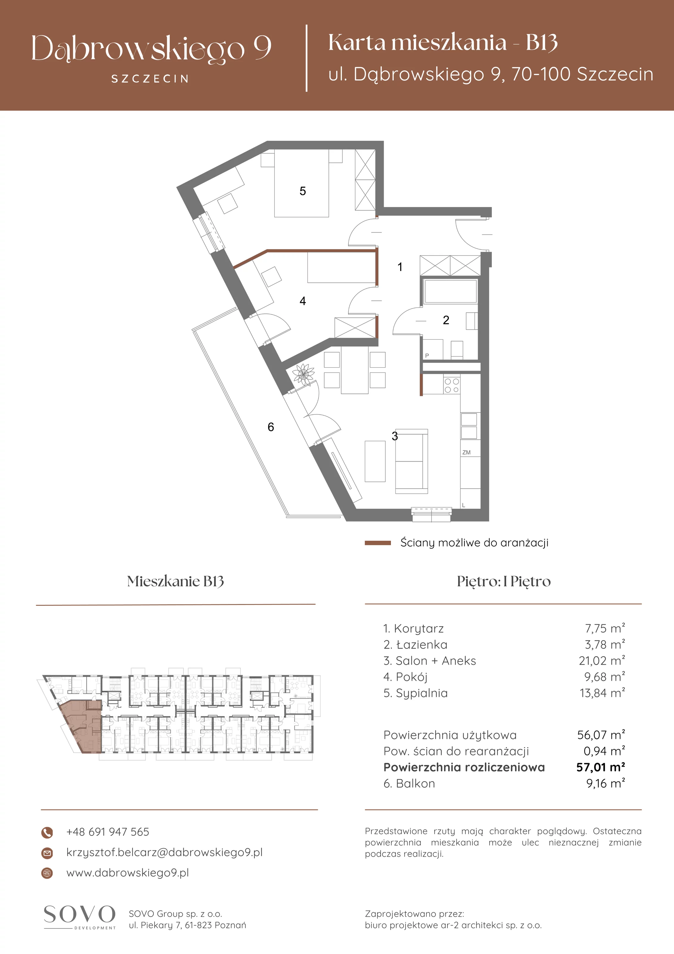 3 pokoje, mieszkanie 56,07 m², piętro 1, oferta nr B13, Dąbrowskiego 9, Szczecin, Zachód, ul. Dąbrowskiego / Piekary