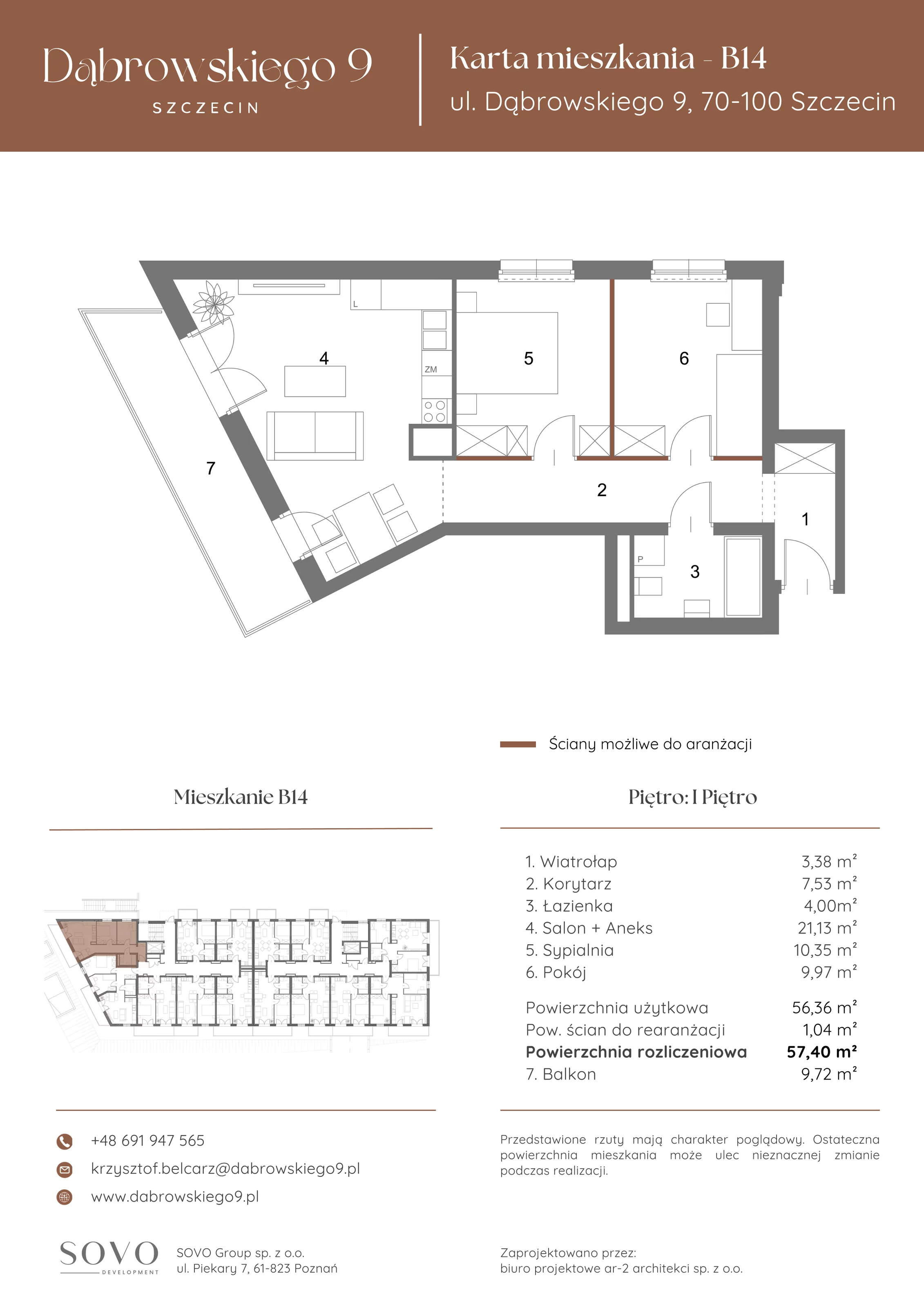 3 pokoje, mieszkanie 56,36 m², piętro 1, oferta nr B14, Dąbrowskiego 9, Szczecin, Zachód, ul. Dąbrowskiego / Piekary