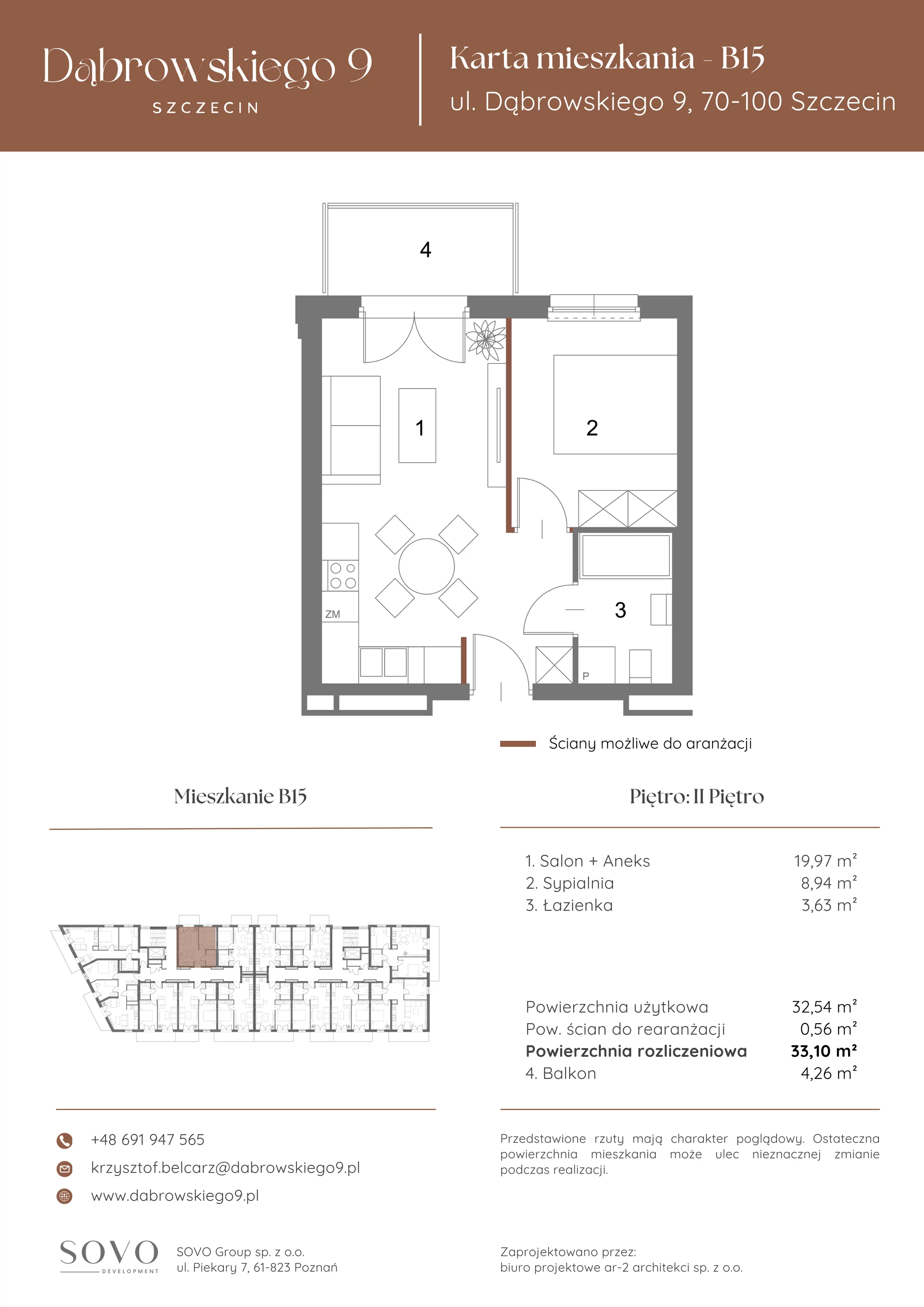 2 pokoje, mieszkanie 32,54 m², piętro 2, oferta nr B15, Dąbrowskiego 9, Szczecin, Zachód, ul. Dąbrowskiego / Piekary