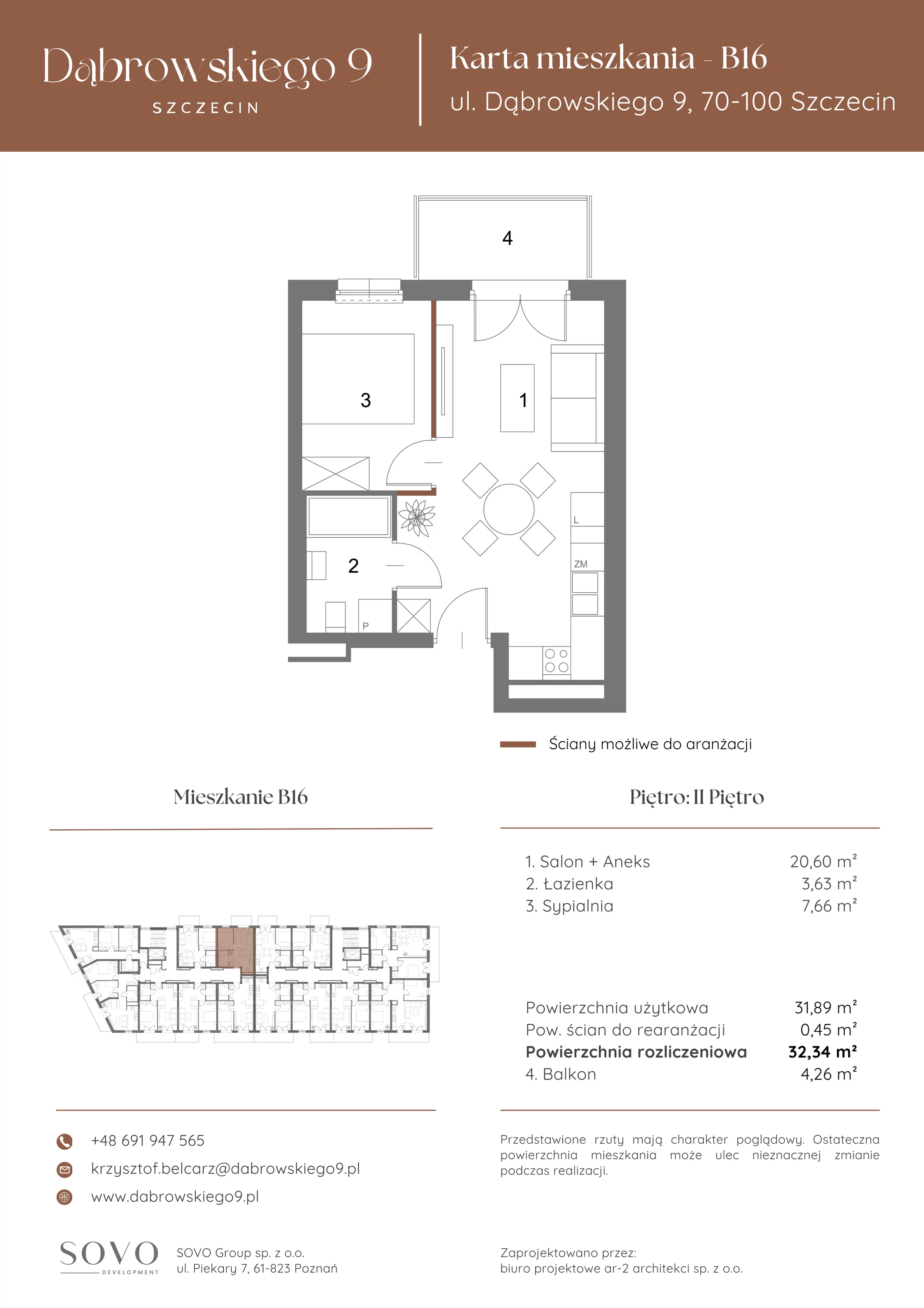 2 pokoje, mieszkanie 31,89 m², piętro 2, oferta nr B16, Dąbrowskiego 9, Szczecin, Zachód, ul. Dąbrowskiego / Piekary