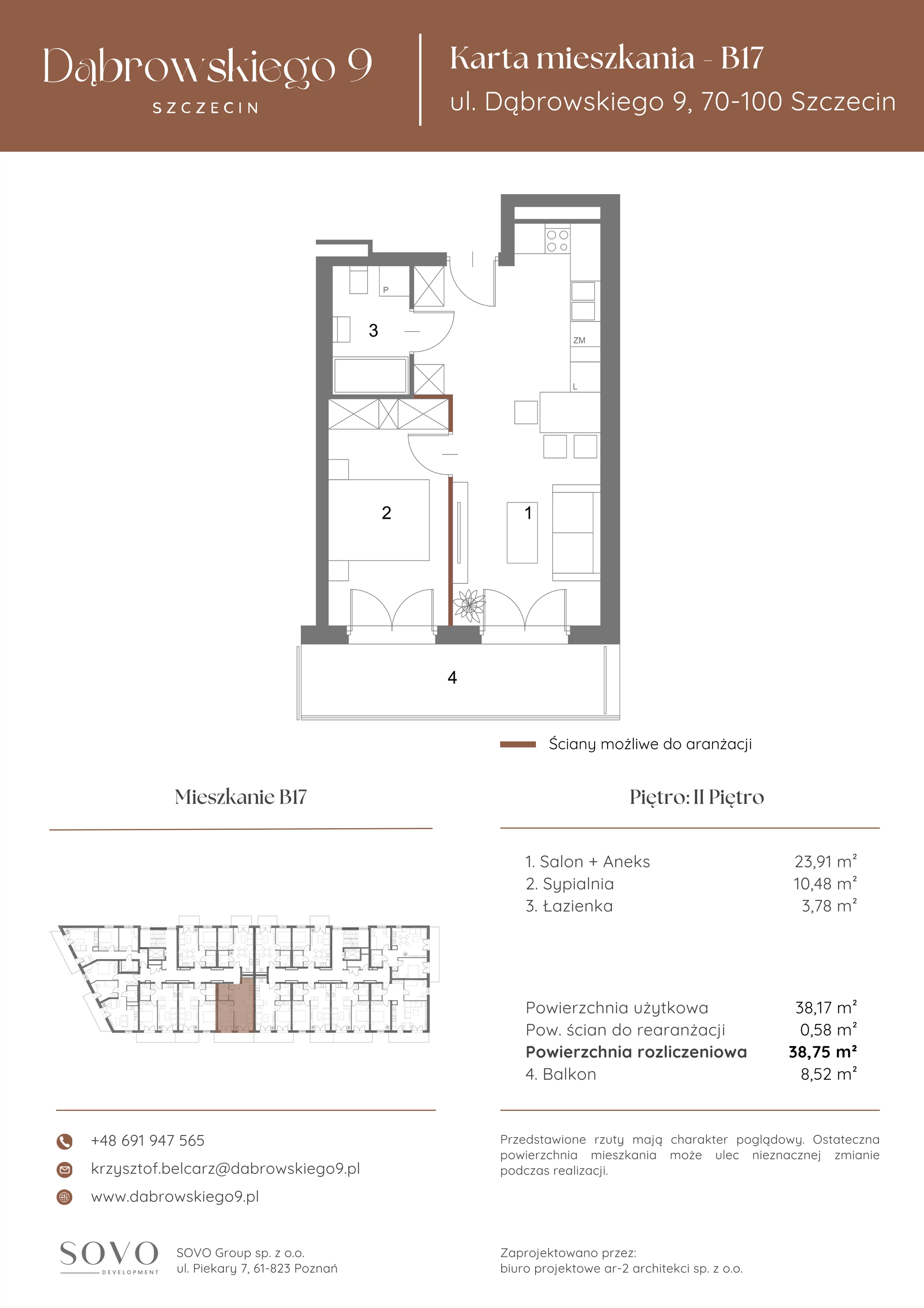 2 pokoje, mieszkanie 38,17 m², piętro 2, oferta nr B17, Dąbrowskiego 9, Szczecin, Zachód, ul. Dąbrowskiego / Piekary