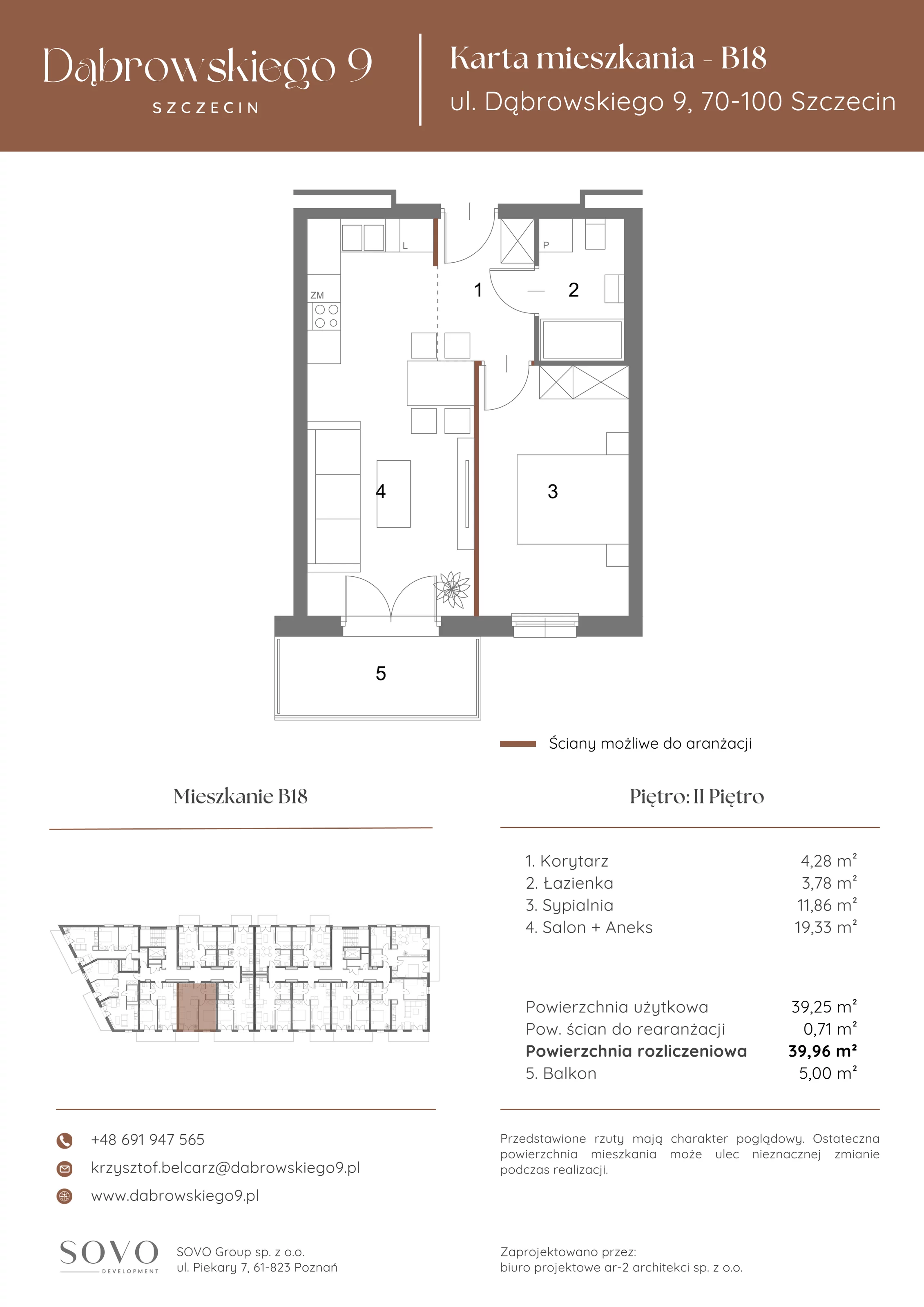 2 pokoje, mieszkanie 39,25 m², piętro 2, oferta nr B18, Dąbrowskiego 9, Szczecin, Zachód, ul. Dąbrowskiego / Piekary