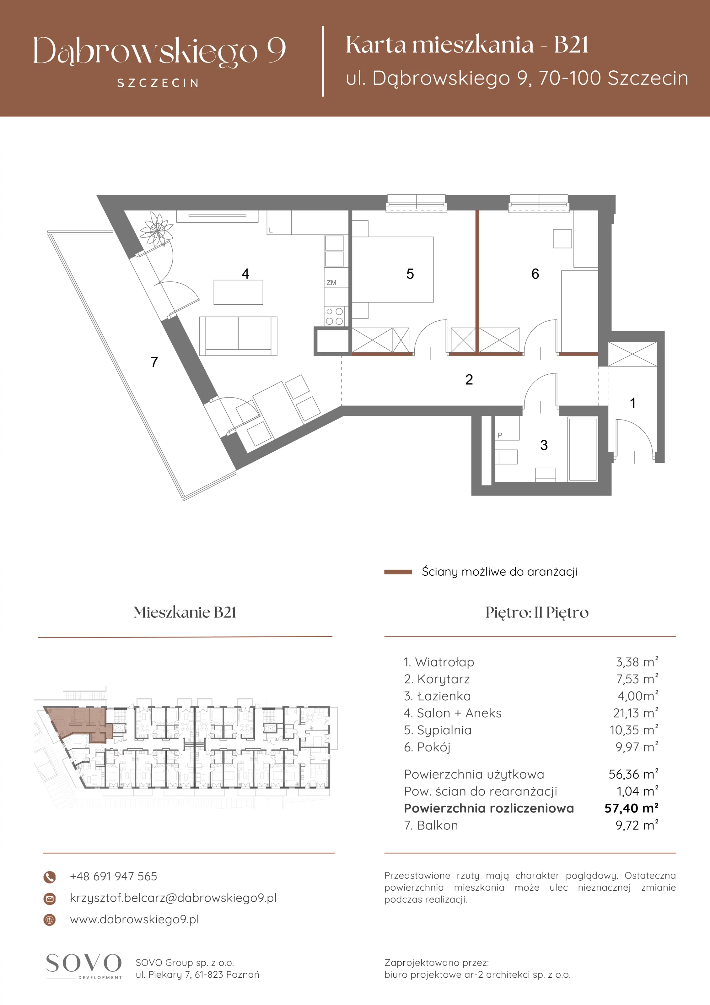 3 pokoje, mieszkanie 56,36 m², piętro 2, oferta nr B21, Dąbrowskiego 9, Szczecin, Zachód, ul. Dąbrowskiego / Piekary