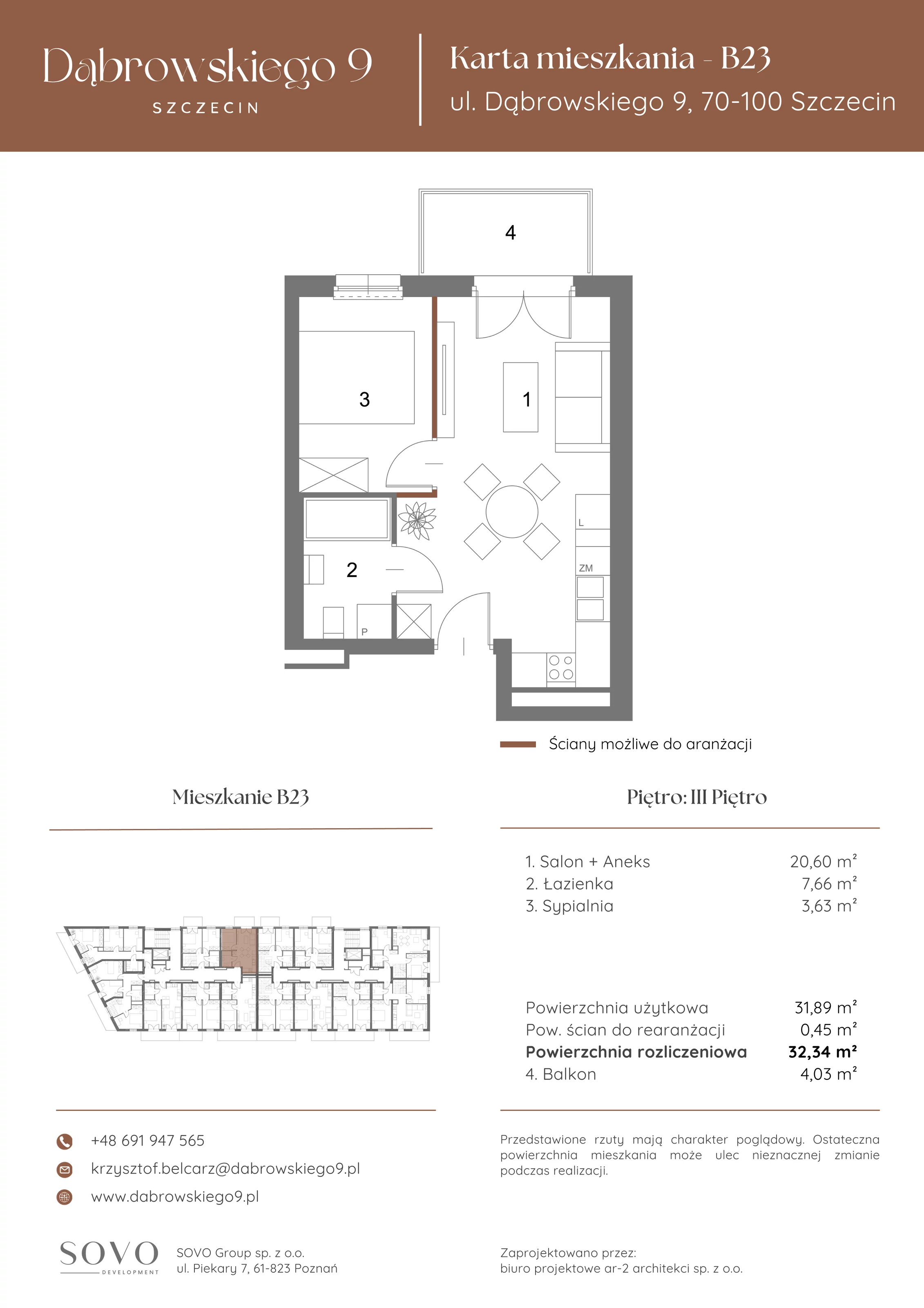 2 pokoje, mieszkanie 31,89 m², piętro 3, oferta nr B23, Dąbrowskiego 9, Szczecin, Zachód, ul. Dąbrowskiego / Piekary