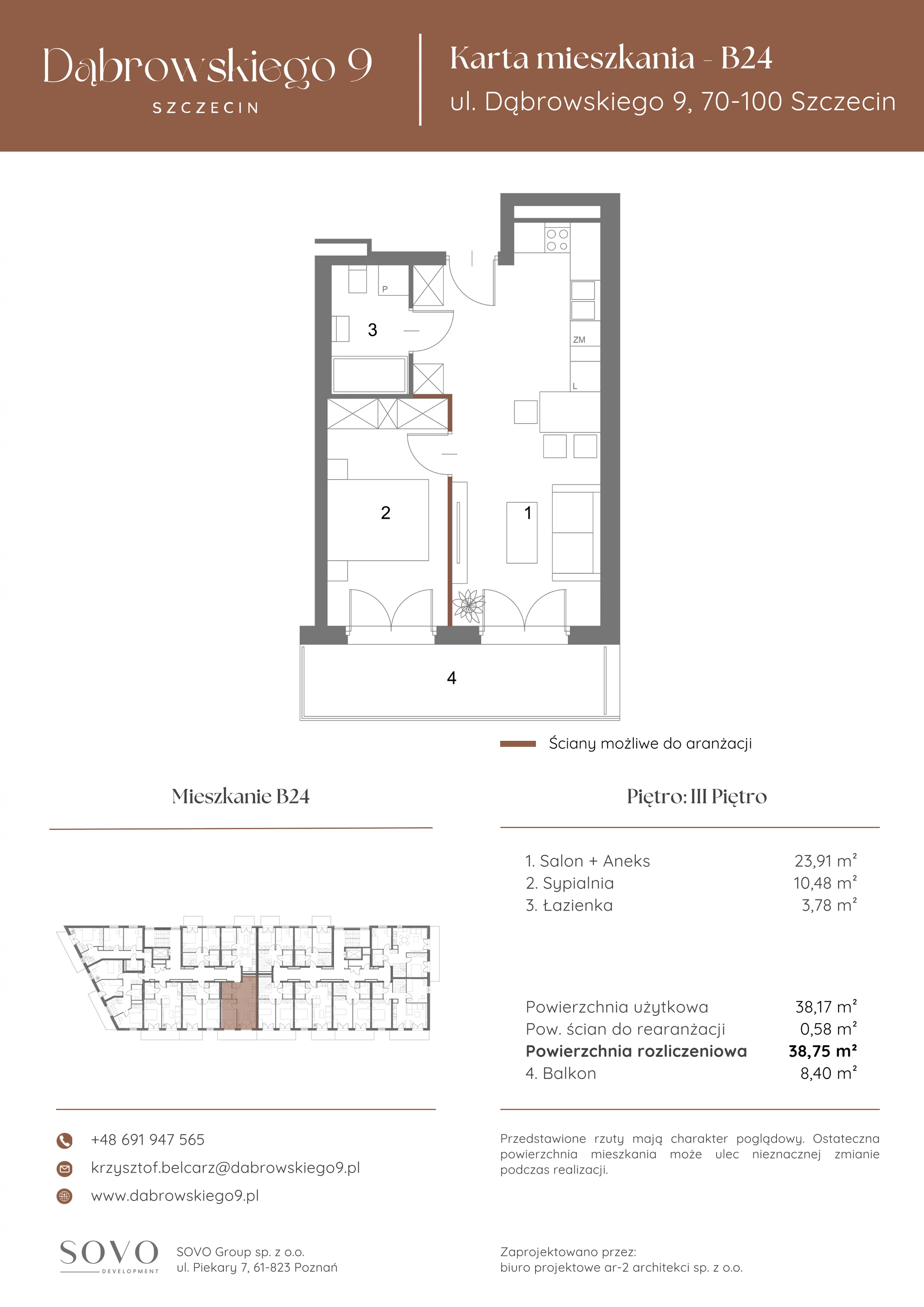 2 pokoje, mieszkanie 38,17 m², piętro 3, oferta nr B24, Dąbrowskiego 9, Szczecin, Zachód, ul. Dąbrowskiego / Piekary