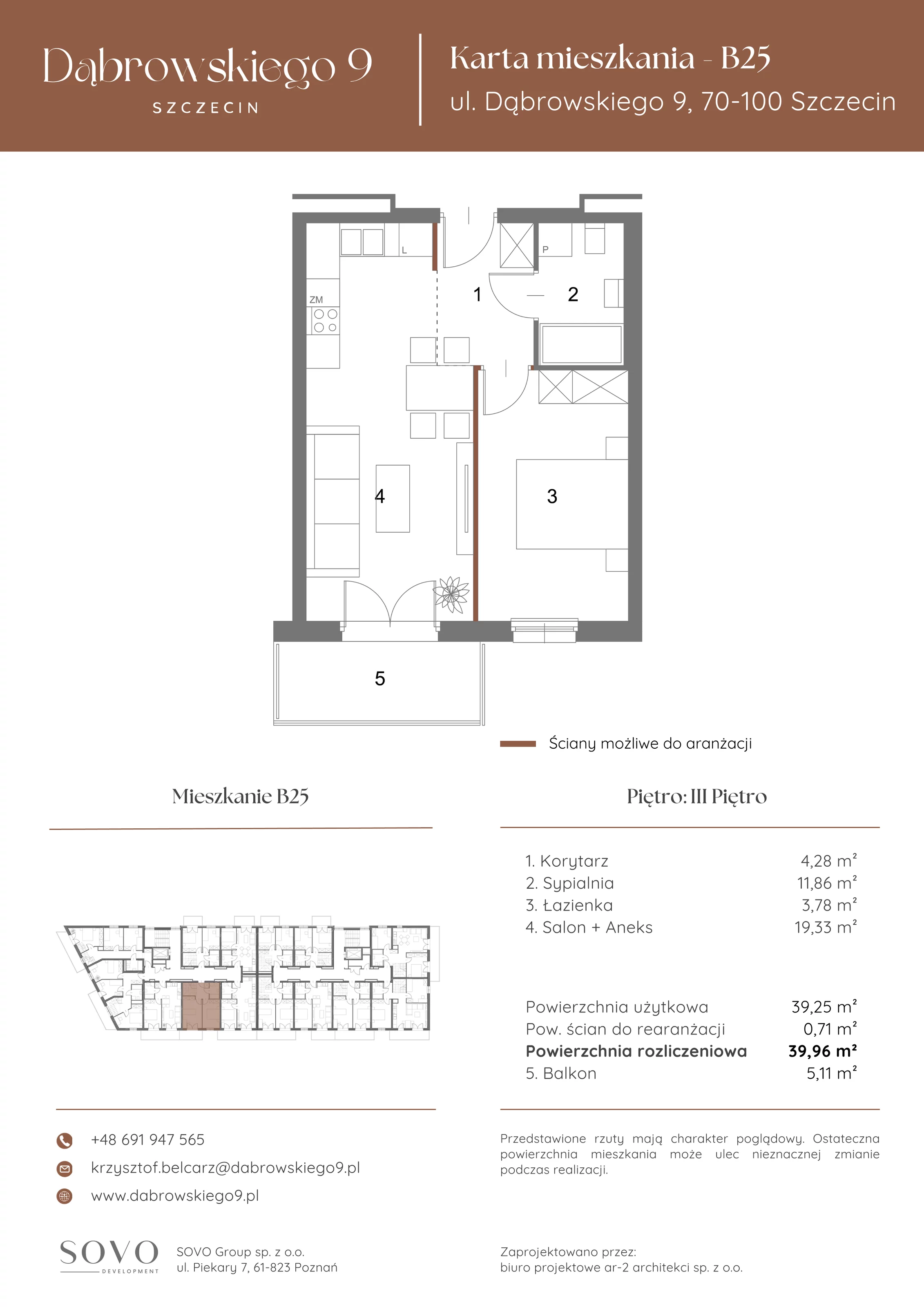 2 pokoje, mieszkanie 39,25 m², piętro 3, oferta nr B25, Dąbrowskiego 9, Szczecin, Zachód, ul. Dąbrowskiego / Piekary