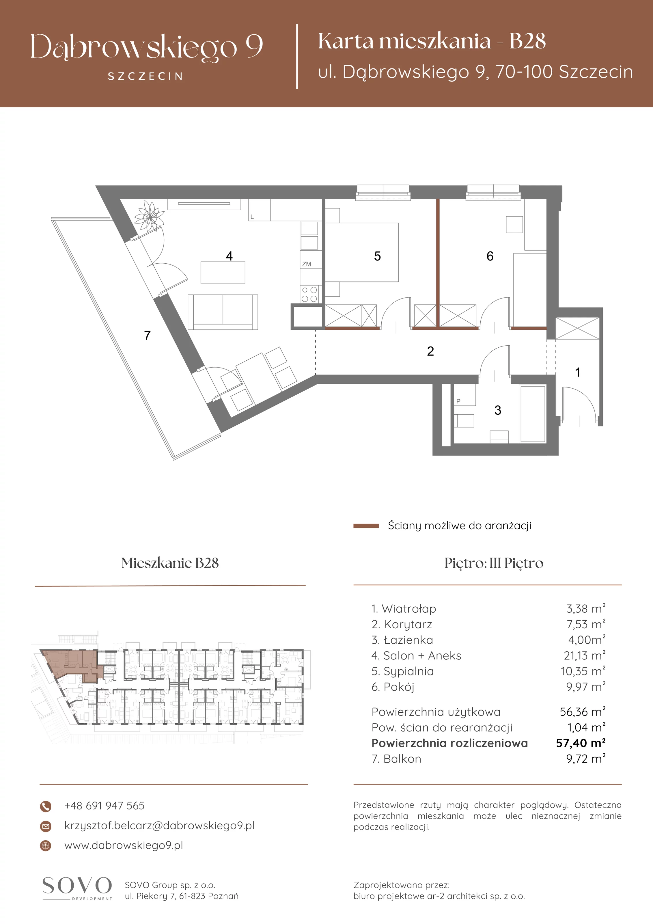 3 pokoje, mieszkanie 56,36 m², piętro 3, oferta nr B28, Dąbrowskiego 9, Szczecin, Zachód, ul. Dąbrowskiego / Piekary