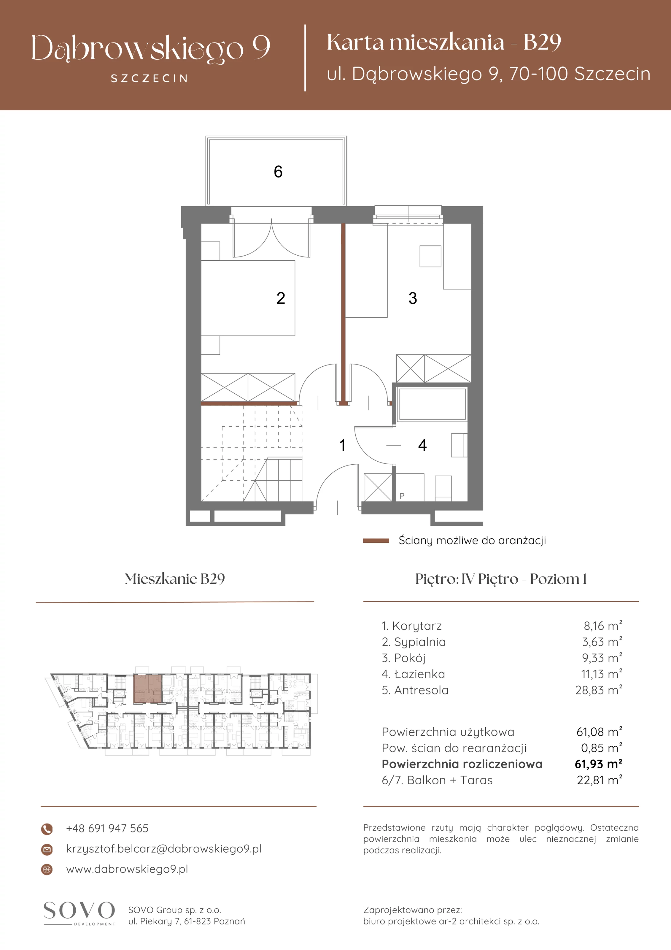 2 pokoje, mieszkanie 61,08 m², piętro 4, oferta nr B29, Dąbrowskiego 9, Szczecin, Zachód, ul. Dąbrowskiego / Piekary