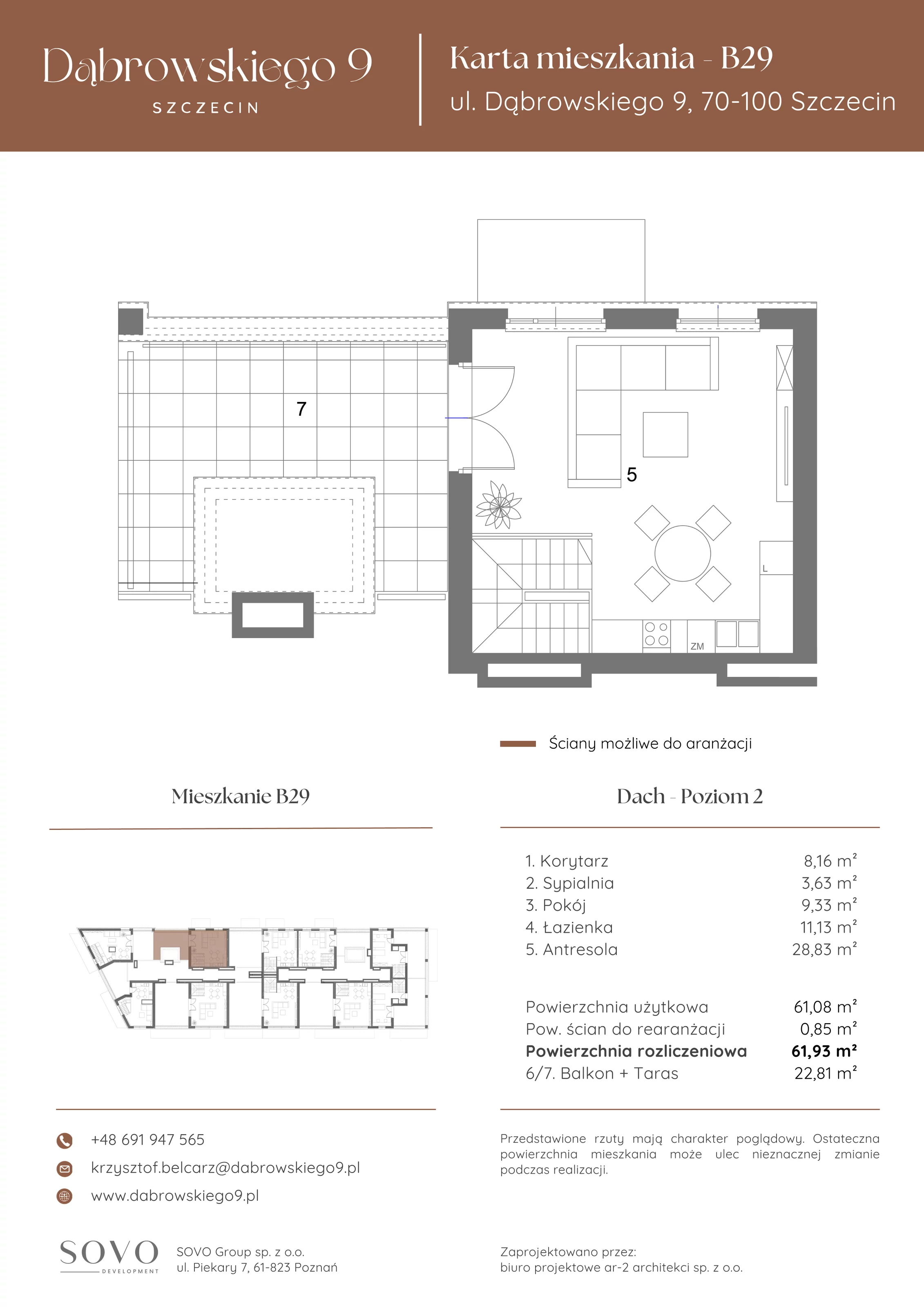 2 pokoje, mieszkanie 61,08 m², piętro 4, oferta nr B29, Dąbrowskiego 9, Szczecin, Zachód, ul. Dąbrowskiego / Piekary