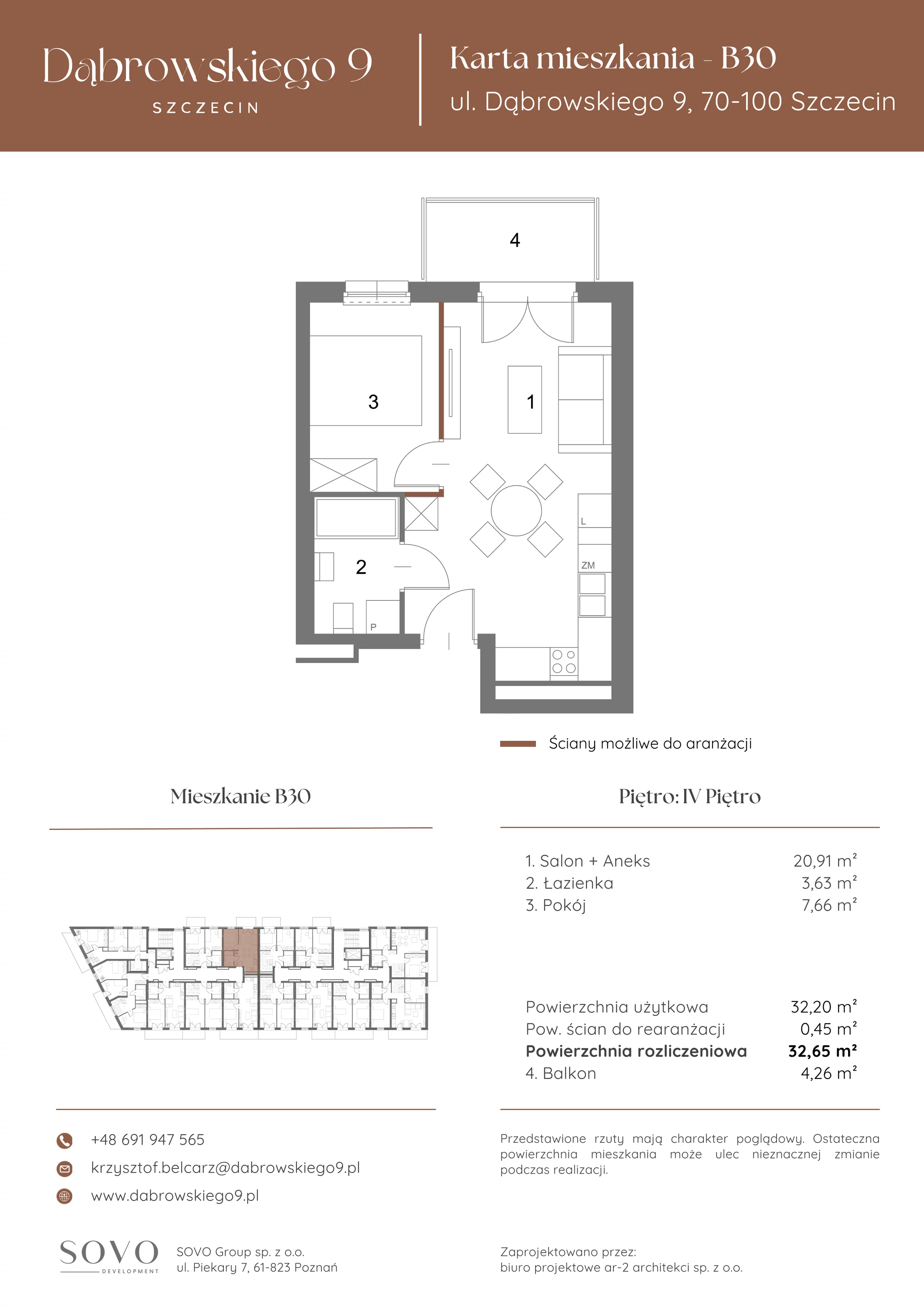 2 pokoje, mieszkanie 32,20 m², piętro 4, oferta nr B30, Dąbrowskiego 9, Szczecin, Zachód, ul. Dąbrowskiego / Piekary