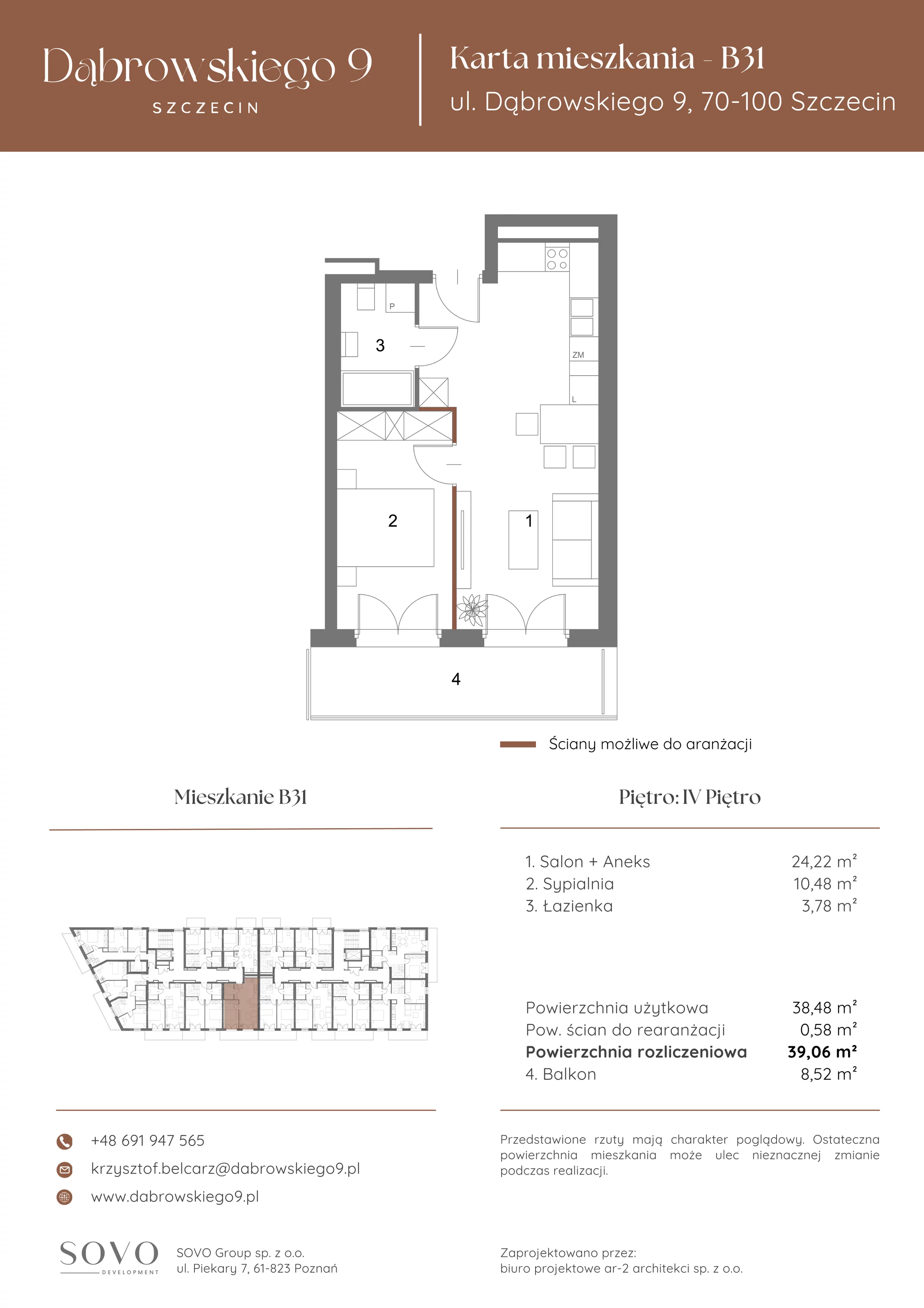 2 pokoje, mieszkanie 38,48 m², piętro 4, oferta nr B31, Dąbrowskiego 9, Szczecin, Zachód, ul. Dąbrowskiego / Piekary